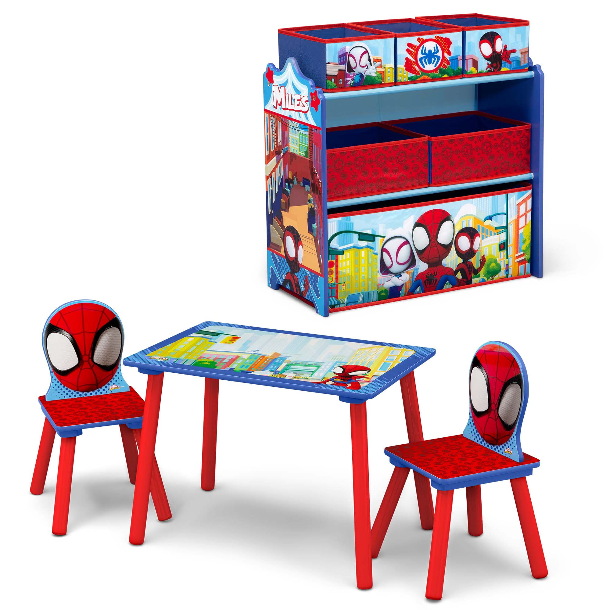 Marvel Spidey and His Amazing Friends 4-Piece Toddler Playroom Set by Delta Children – Includes Play Table with Dry Erase Tabletop and 6 Bin Toy Organizer with Reusable Vinyl Cling Stickers, Blue