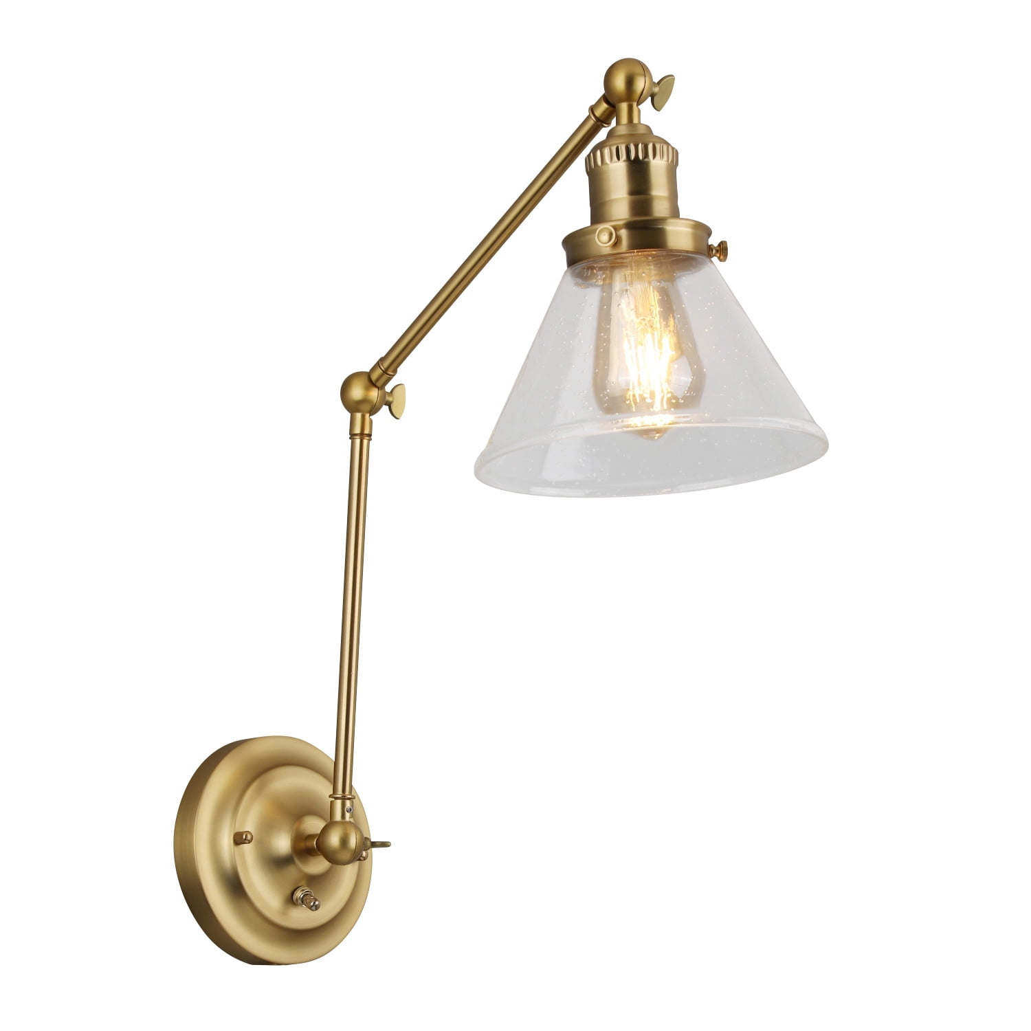 Augustin Satin Gold 3-Point Adjustable Swing Arm Wall Sconce With Seeded Glass Shade