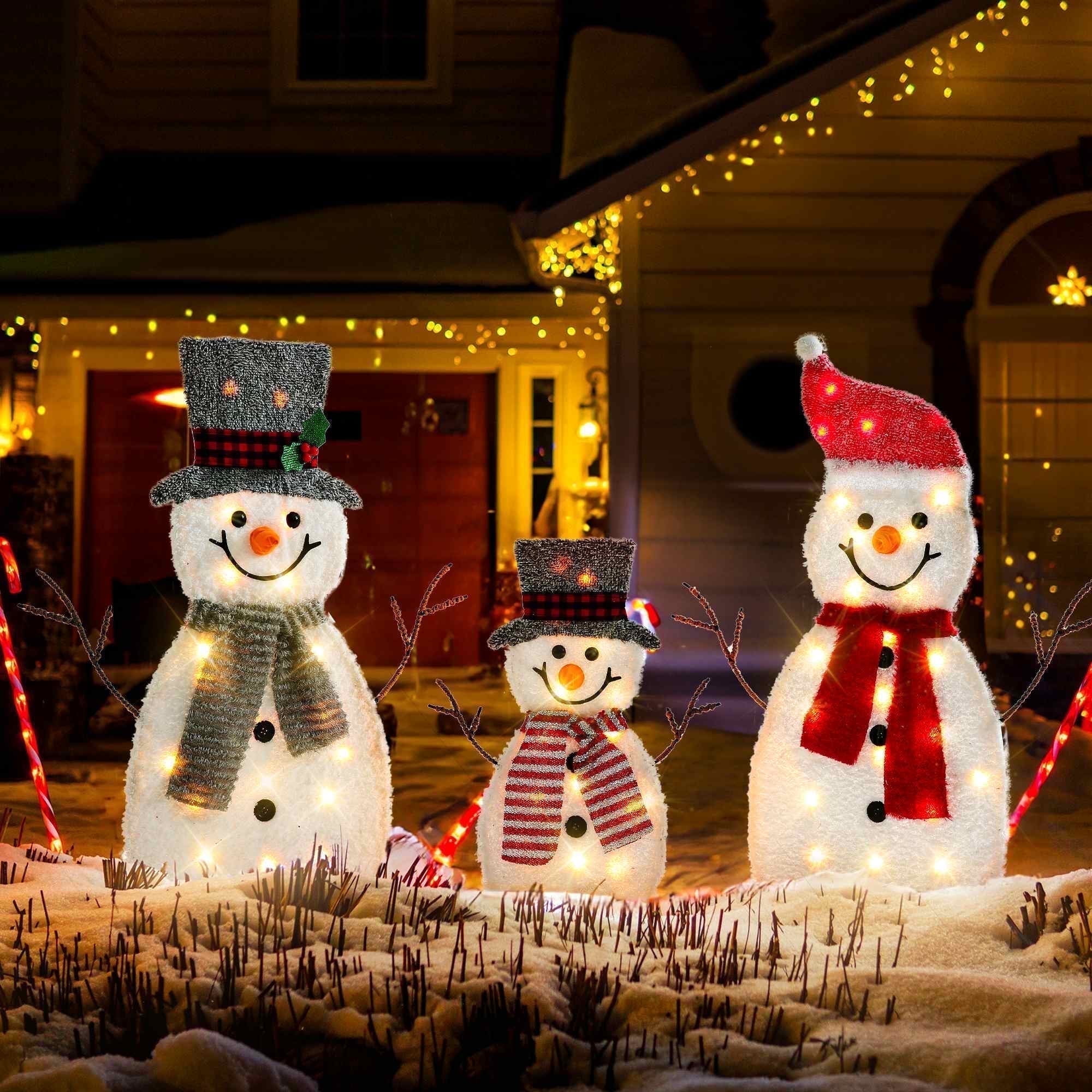 DEORAB Outdoor Christmas Lighted Snowman Decorations 2D 3-Piece Holiday Garden Lawn Yard Light-up Xmas Decor,70LED Lights