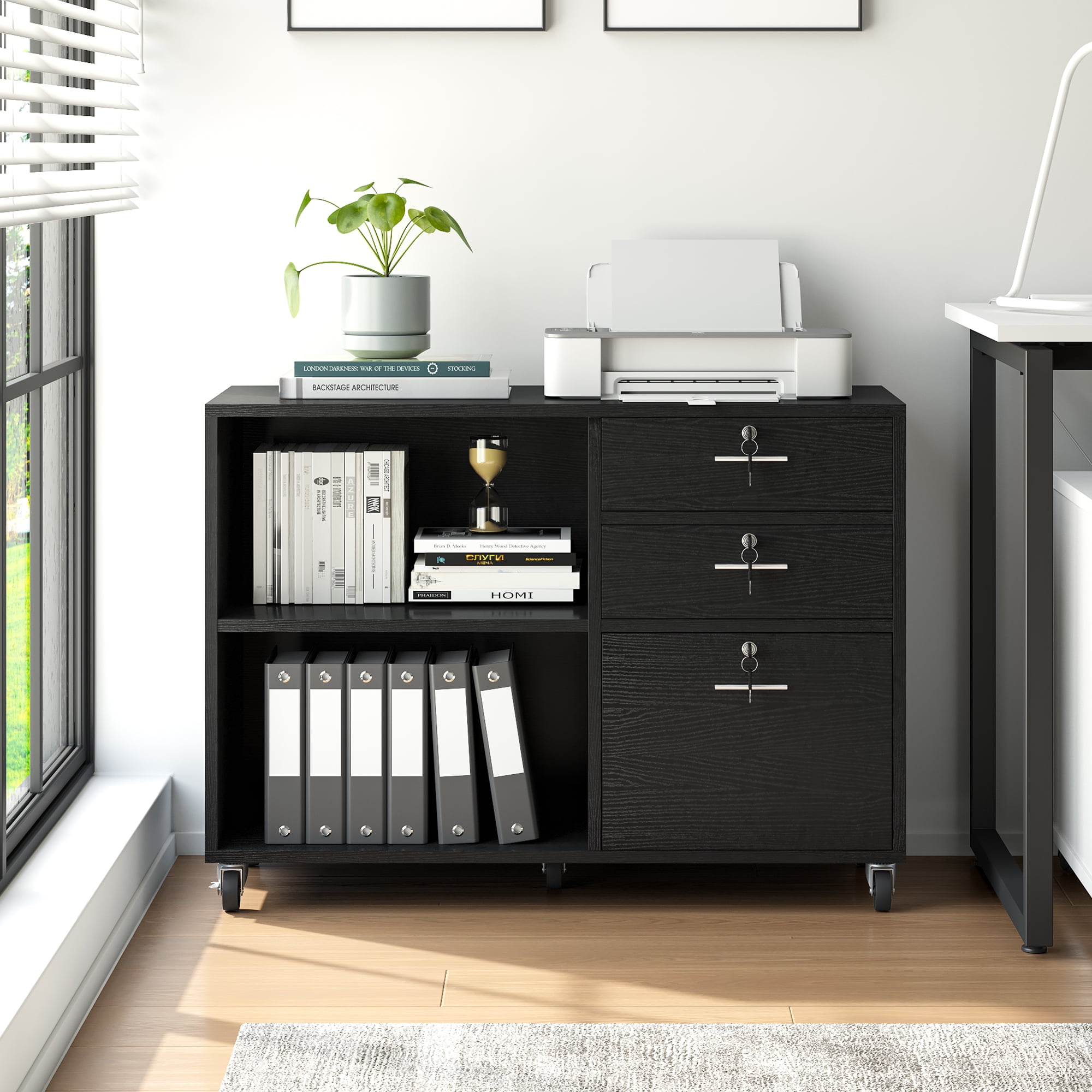 DEXTRUS 3 Drawer Lateral File Cabinet, Printer Stand with Drawers, File Cabinet Fits A4 Letter Legal Size Folders, Black