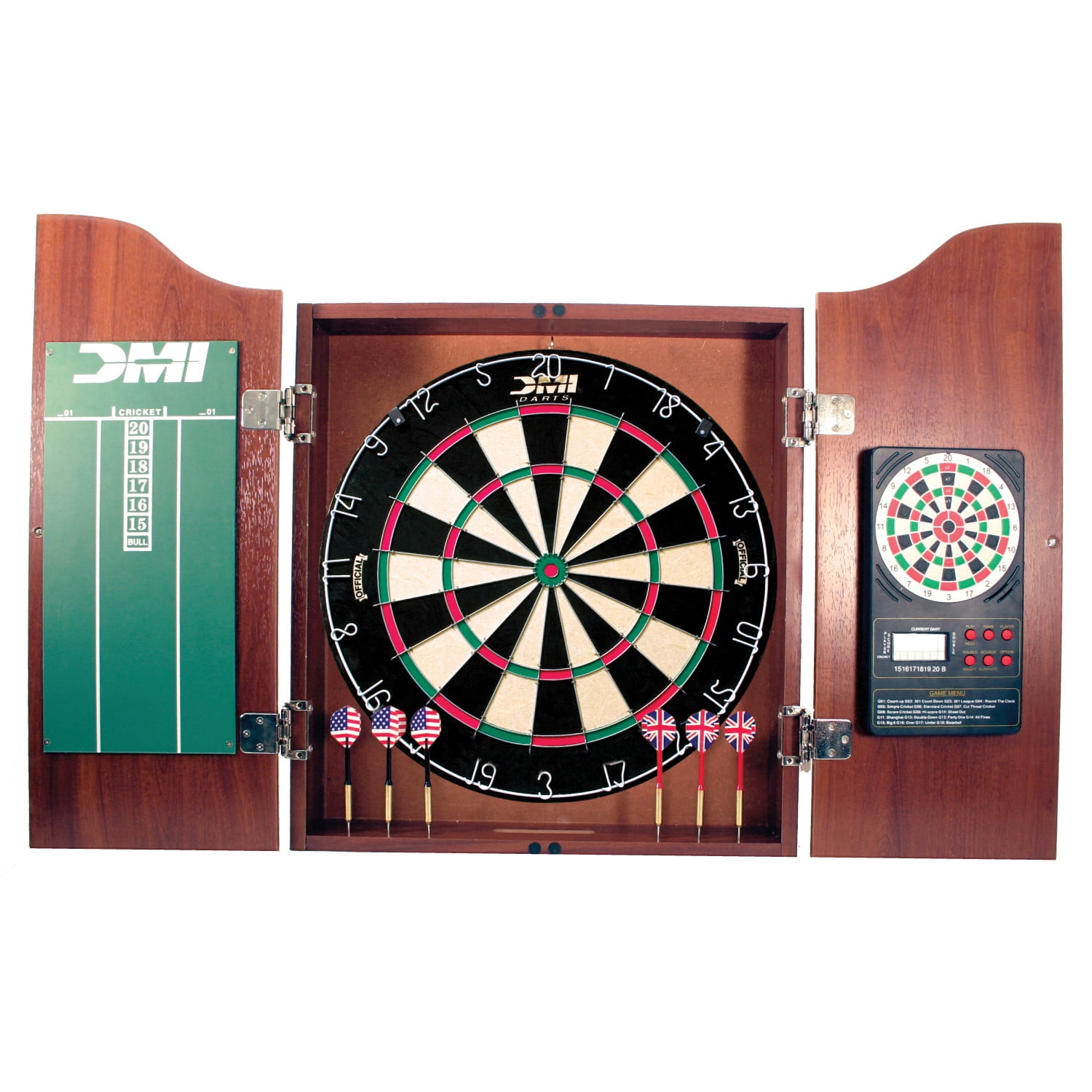 DMI Sports Deluxe Bristle Dartboard Cabinet Set with Electronic Scorer Includes 2 Dart Sets and a Chalk Scoreboard – Light Cherry