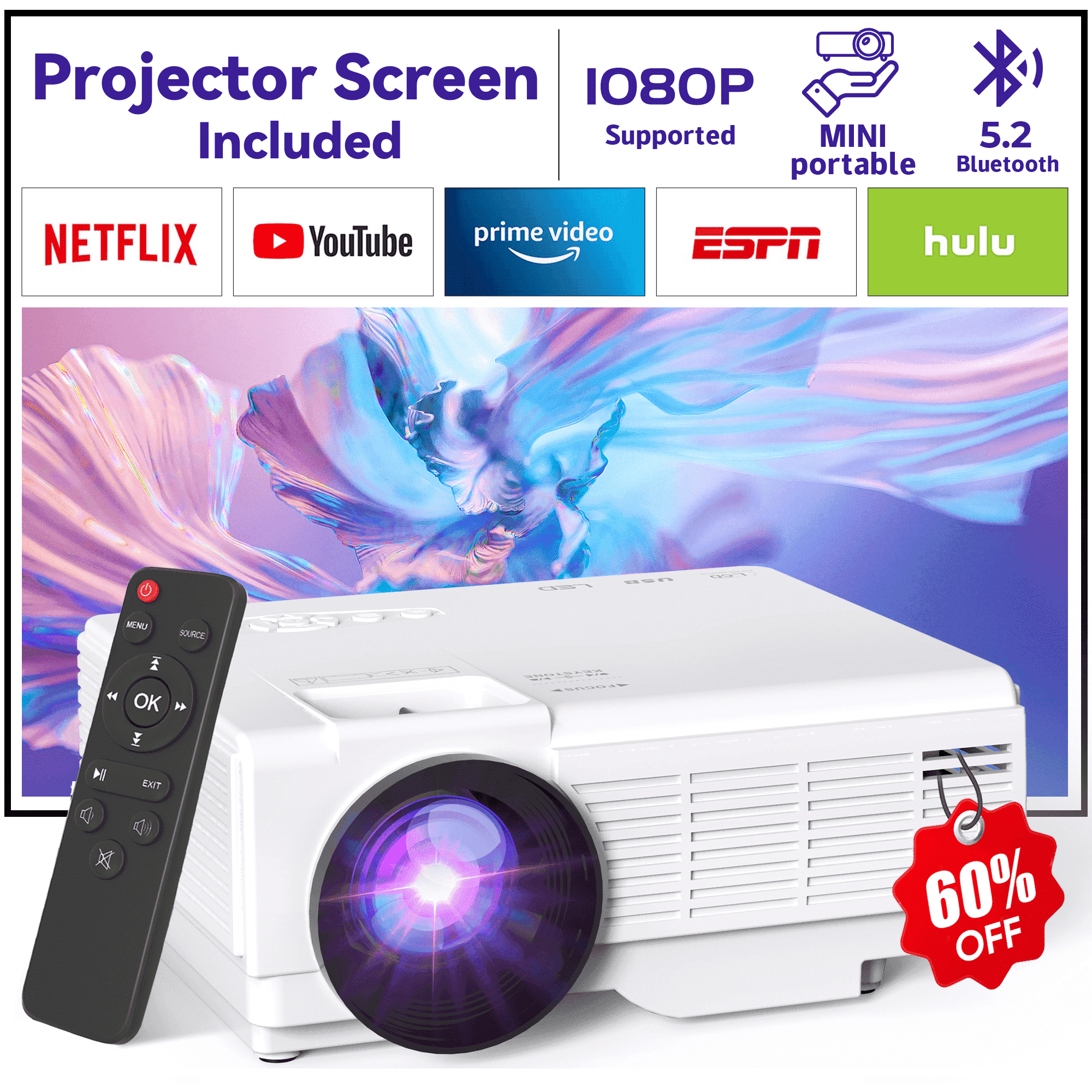 DR. J Professional Mini Projector with Bluetooth 5.2 and Screen, HD 1080P Movies Projector, 200" Screen Supported