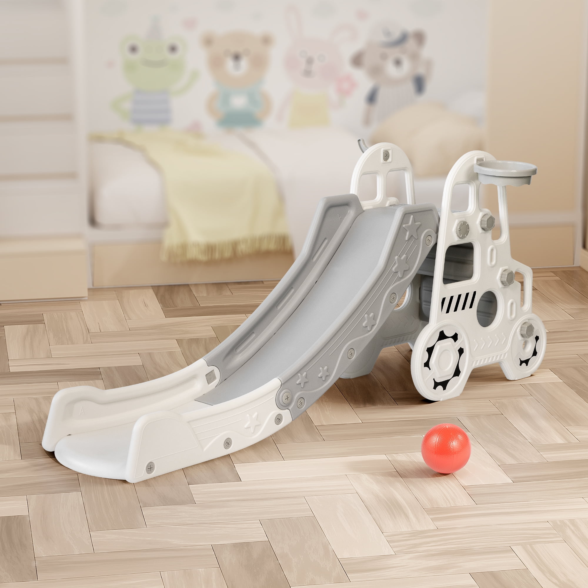 DUKE BABY Kids Slide - Indoor Outdoor Toddler Climbing Toy with Basketball Hoop for Kids Ages 3-5 - White