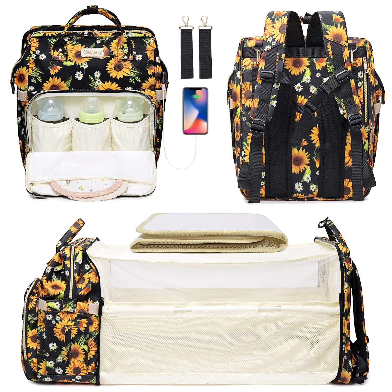 Diaper Bag Backpack, Multifunction Waterproof Travel Backpack with Foldable Crib, Insulated Milk Bottle Pocket & USB Charging Port & Stroller Strap, Sunflower