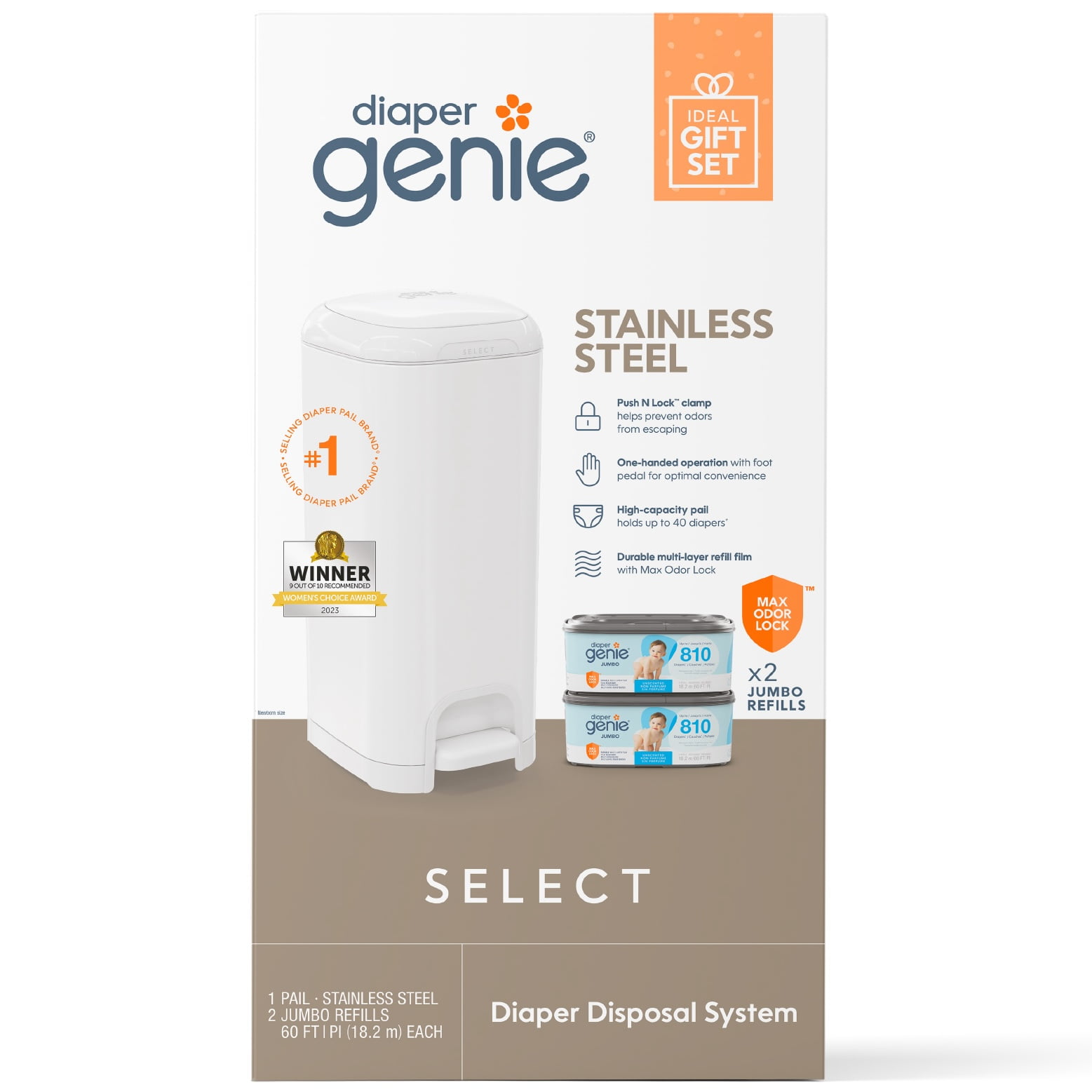 Diaper Genie Select Gift Set,White,Stainless Steel,1 Diaper Pail,2 Jumbo Square Refills-1620 Count, Infant