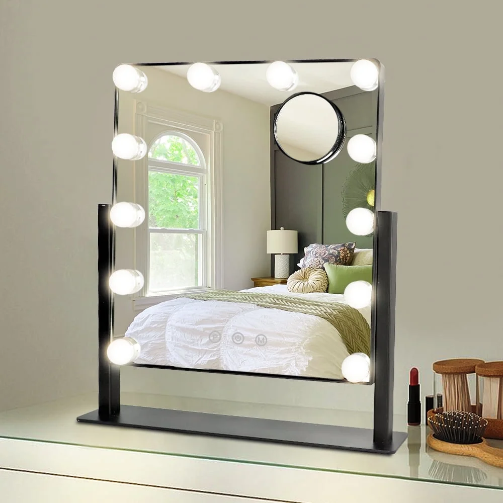 FanhSbrocade Hollywood Vanity Makeup Mirror with 12 Dimmable LED Light, 360 Rotation 3-Color Modes Mirror SmartTouch Control, 10X Magnified