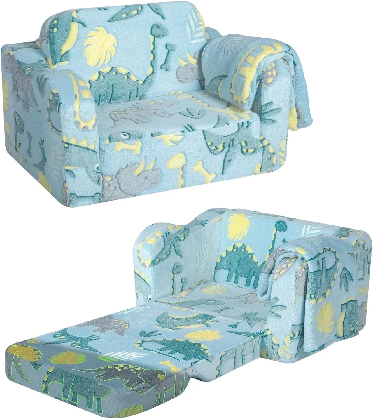 Dinosaur Kids Couch, Toddler Sofa Flip-Out Chair for 1-5 Year Old,Convertible Sofa to Bed, Glow in The Dark, Gifts for Kids