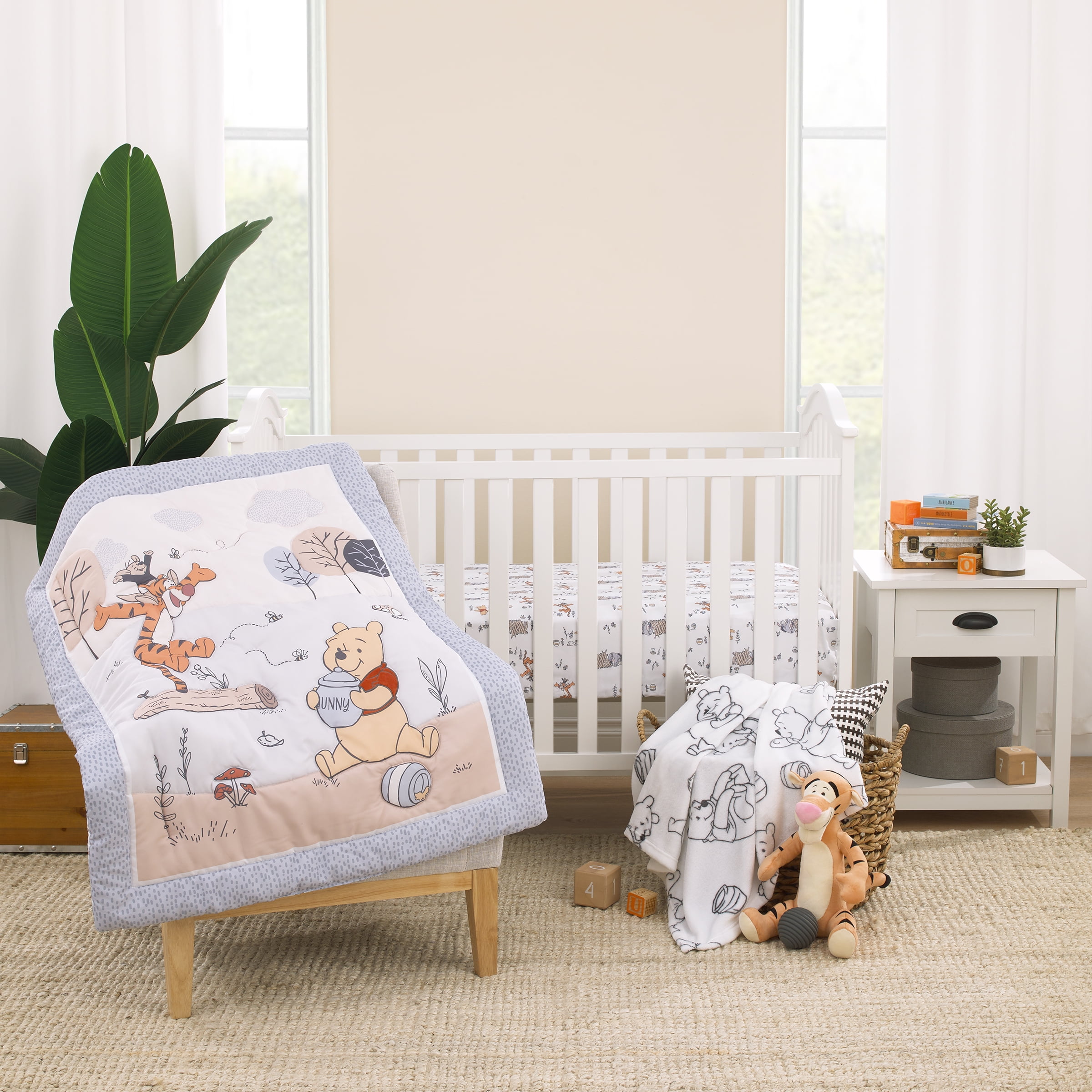 Disney Winnie the Pooh 3-Piece Crib Bedding Set, Gray, Comforter, Fitted Sheet, Blanket, Infant Boy or Girl