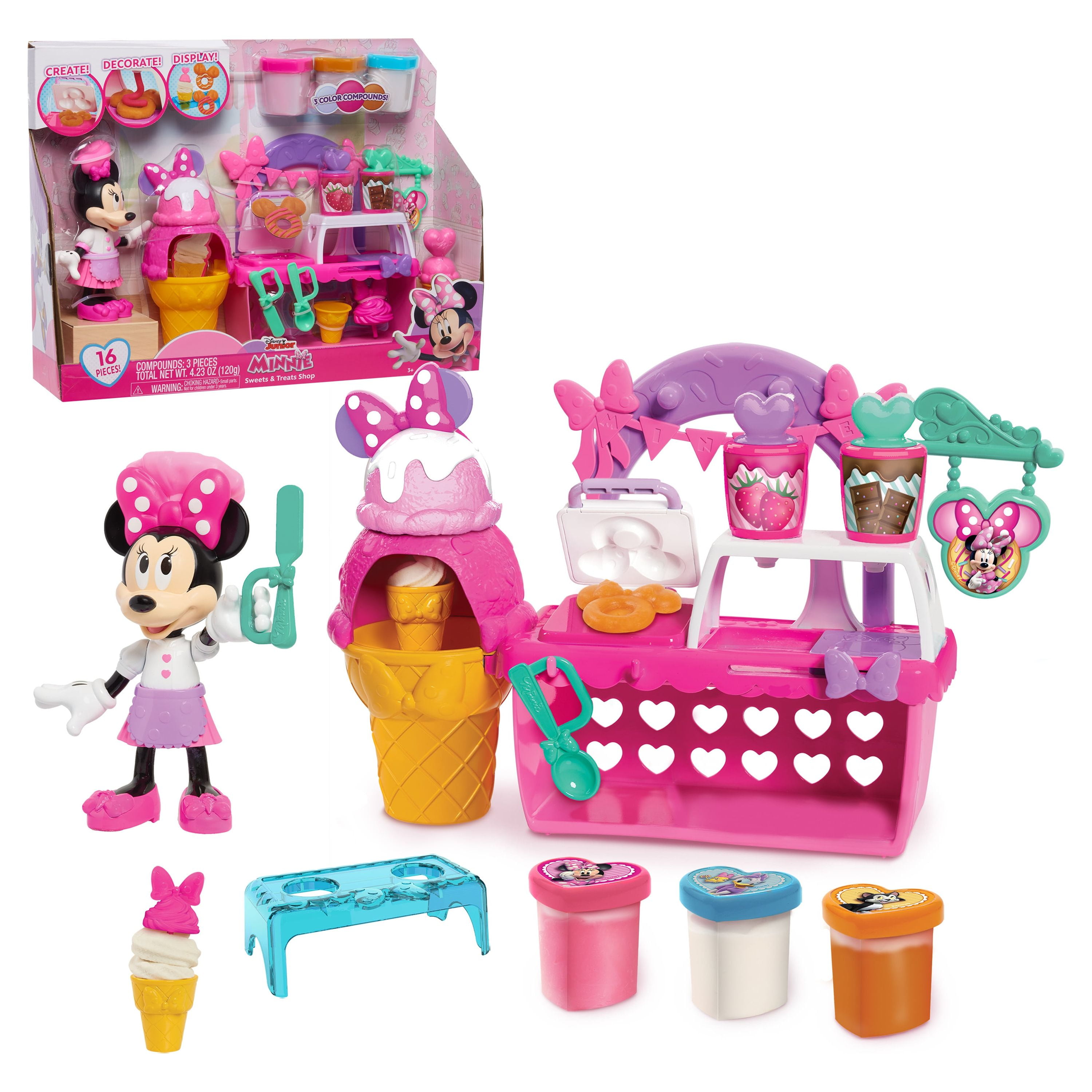 Disney Junior Minnie Mouse Sweets & Treats Shop, 16 Piece Pretend Play Food Set with 3 Modeling Compounds and 6 inch Minnie Mouse Figure, Kids Toys for Ages 3 up