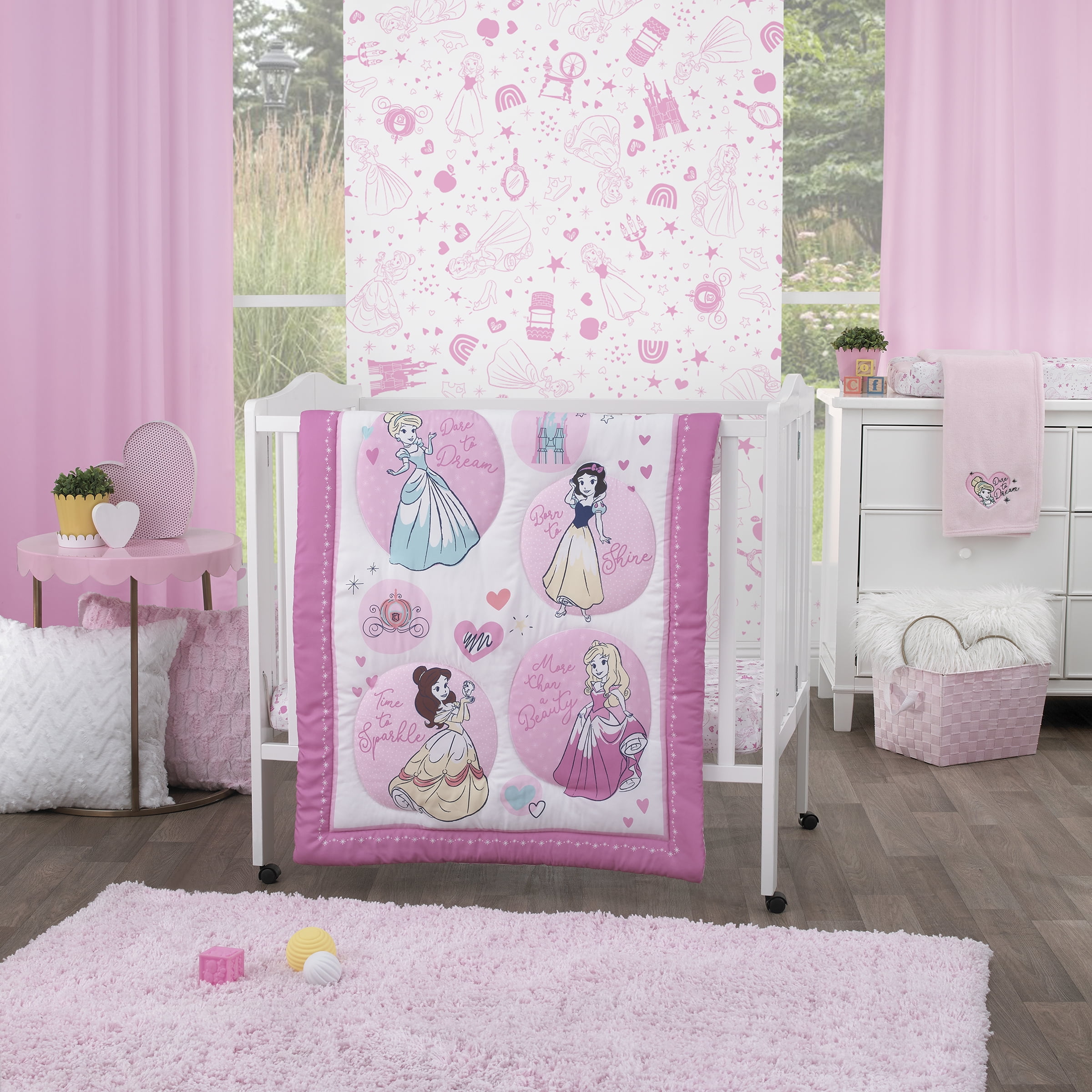 Disney Princess Dare To Dream 3-Pc Mini Porta Crib Set, Comforter, Two Mini Sheets, Pink, Infant Girl