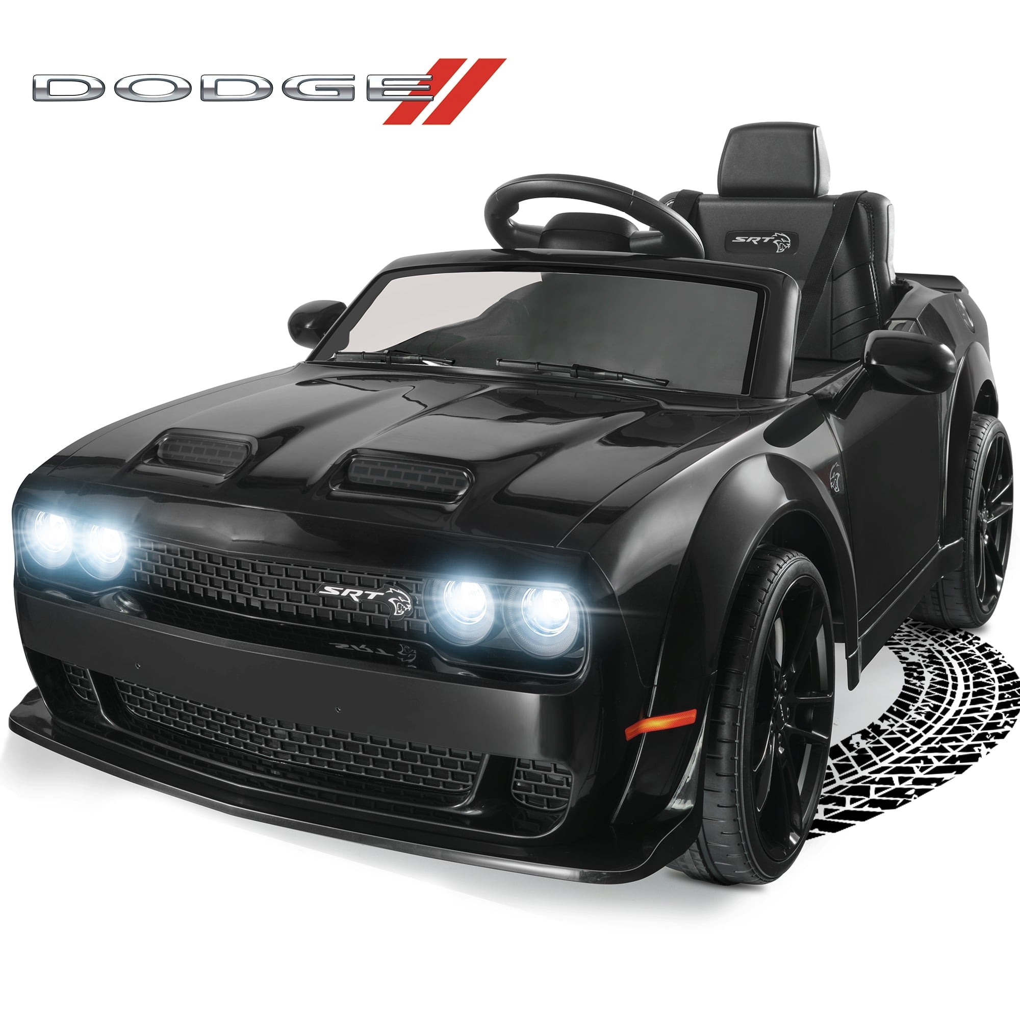 Dodge Challenger 12V Ride On Car, Battery Electric Car for Ages 3+ Kids, Licensed SRT Hellcat Ride On Toys with Remote Control, LED Lights, USB, Bluetooth Music, Black