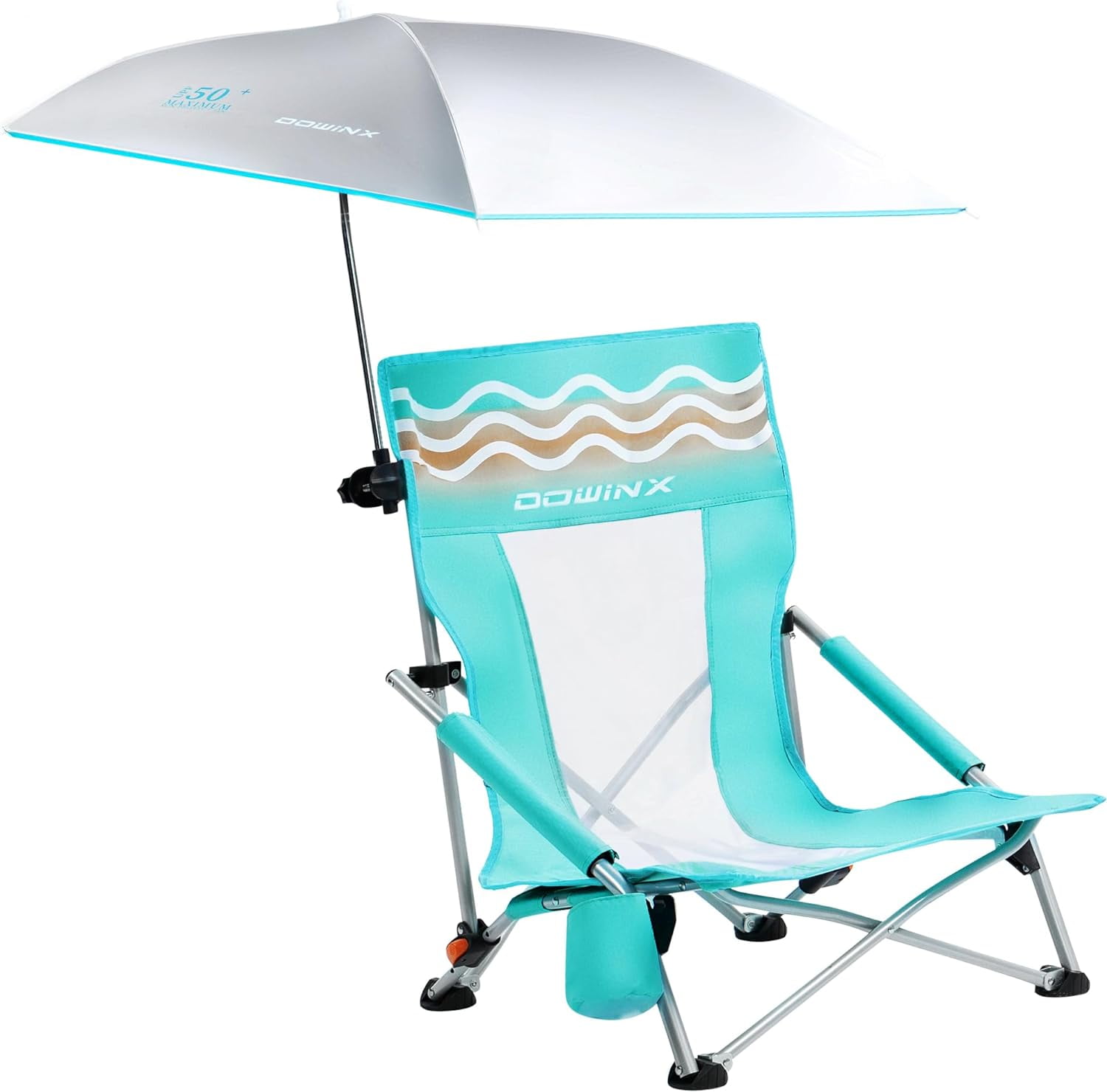 Dowinx Green Beach Chair for Camping | Adjustable Umbrella, Holdcup, UPF 50+ | High Back, Lightweight, Lawn Chair | Portable, Low | Adults