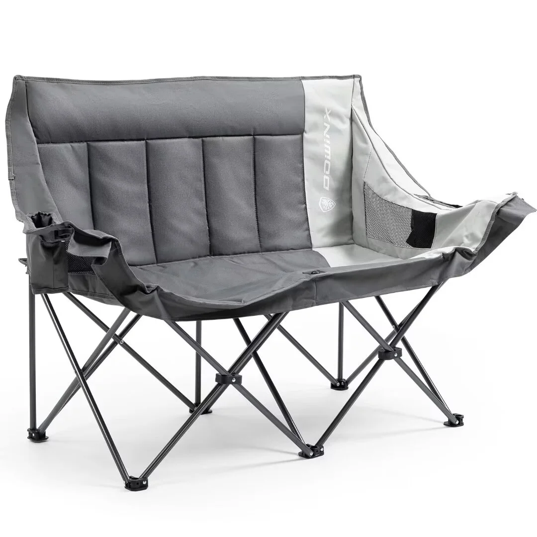 Dowinx Double Camping Chair Loveseat, Portable Folding Outdoor Lawn Chair with Padded Seats, Armrests, Side Pockets, 440lbs Capacity for Beach, Patio, Picnic - Gray PRO