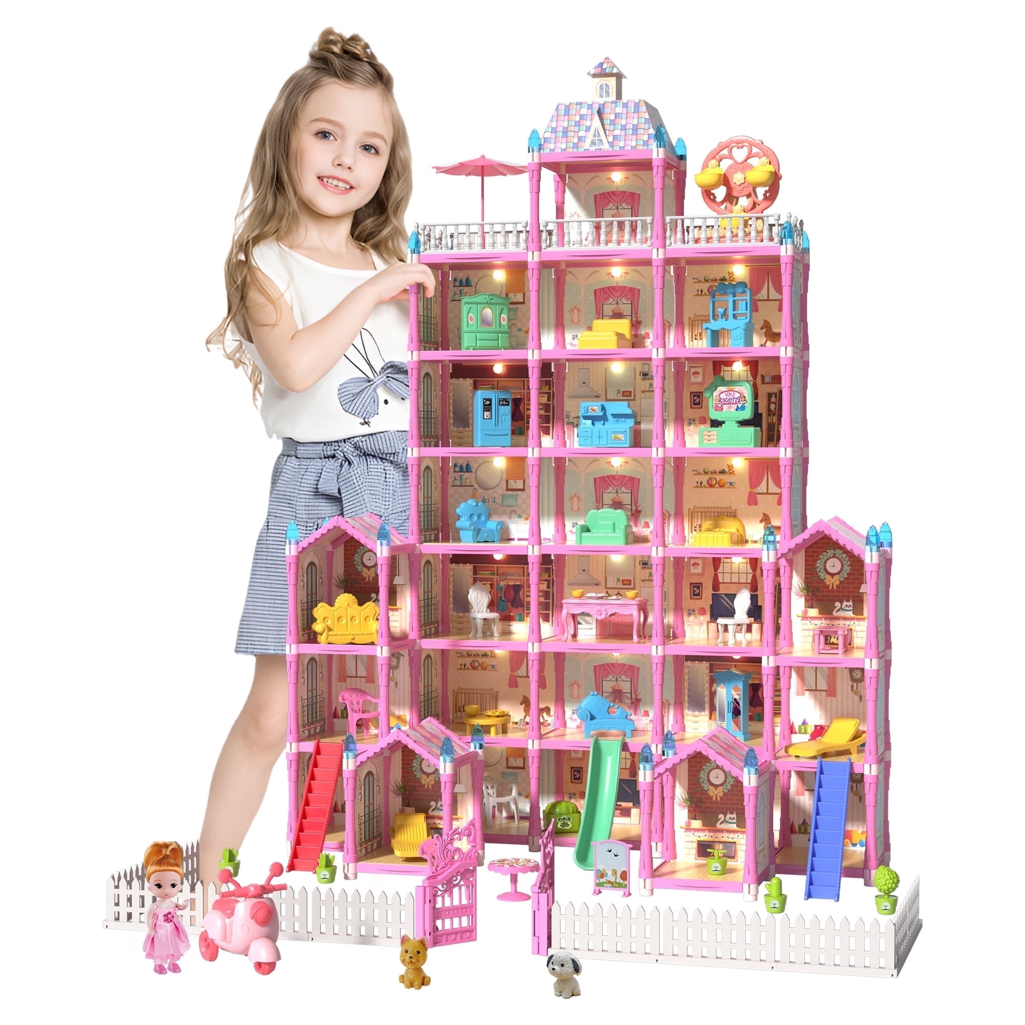 Doll House for Girls ,29 Rooms Toy House with Dolls Figure, Puppies ,Furnitures, Accessories, LED Light, Toddler Playhouse Gift for for 3 4 5 6 7 8 9 10 Year Old Girls Toys