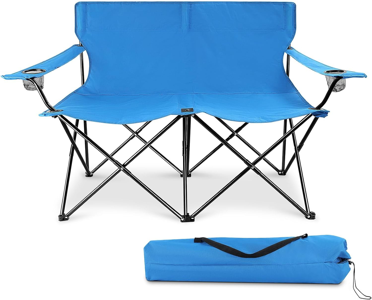 Double Camping Chair, Outdoor Folding Loveseat Chair Supports 500 LBS, Portable Oversized Lawn Chair with Cup Holders for Backpacking Hiking Picnic, Sturdy Steel Frame & 600D Oxford Fabric