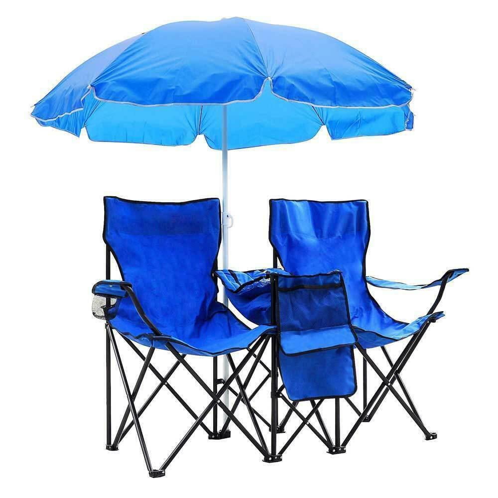 Double Folding Chair with Umbrella Picnic Cooler Camping Beach Table