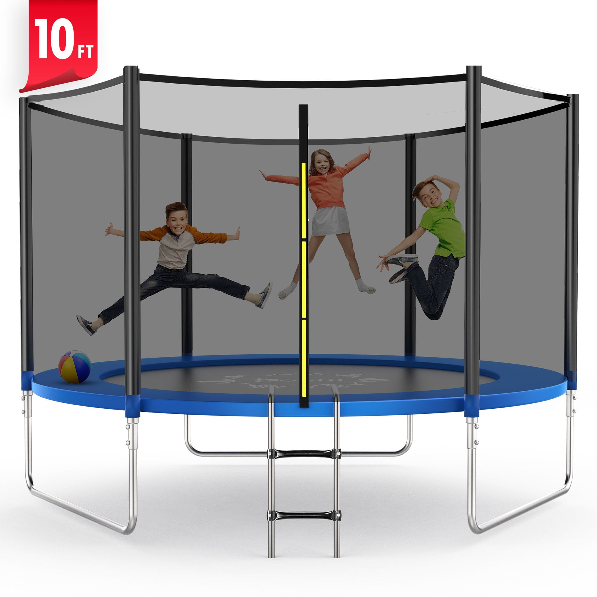 FUNTOK 10FT Trampoline for Kids and Adults, Recreational Trampoline with Enclosure Net, 600LBS Capacity Outdoor Backyard Trampoline w/ Ladder for 3-4 Kids