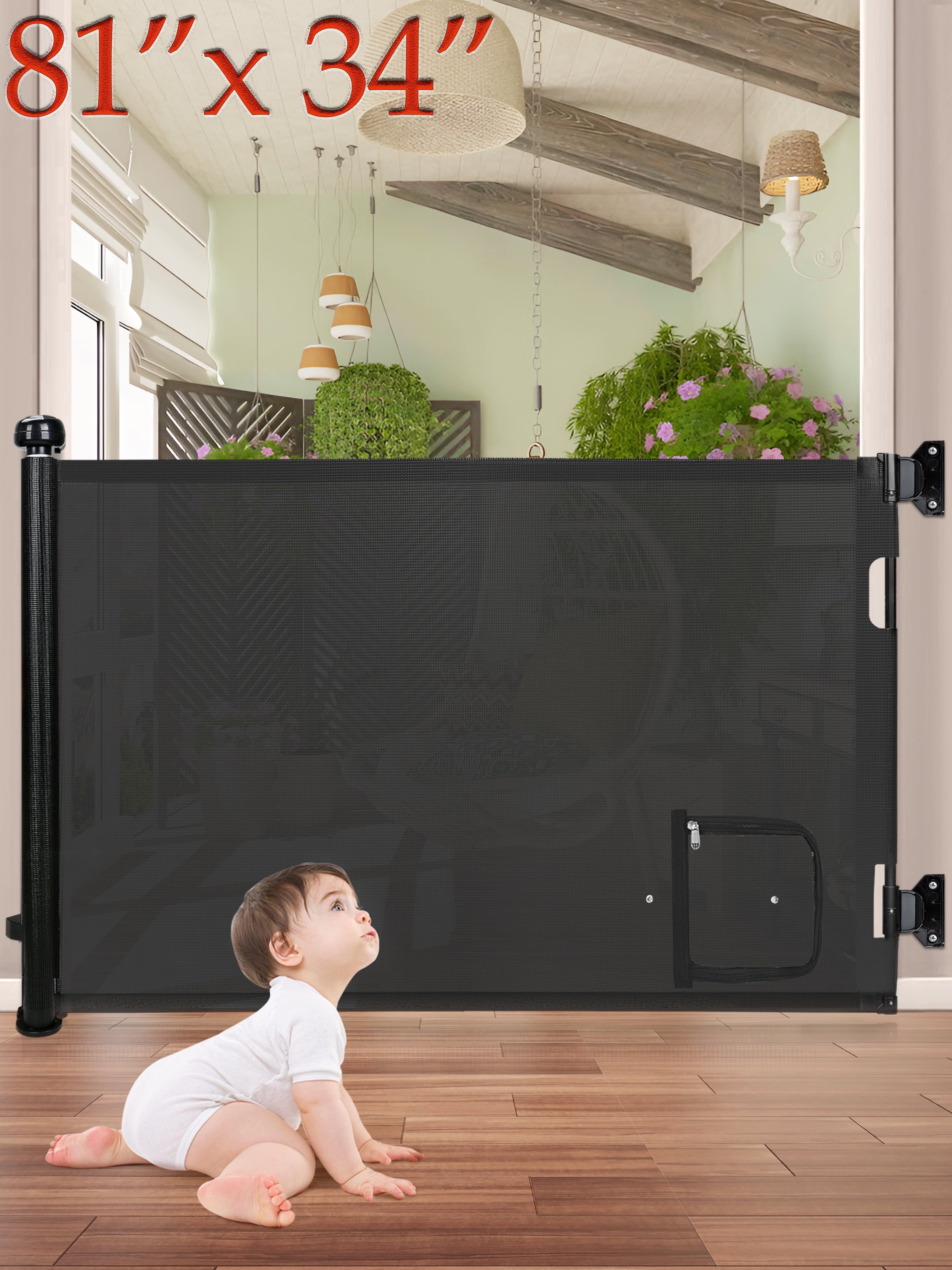 Doulami Retractable Baby Gates for Doorway Stairs Safety Gate with Pet Door 34" Tall 81" Extra Wide