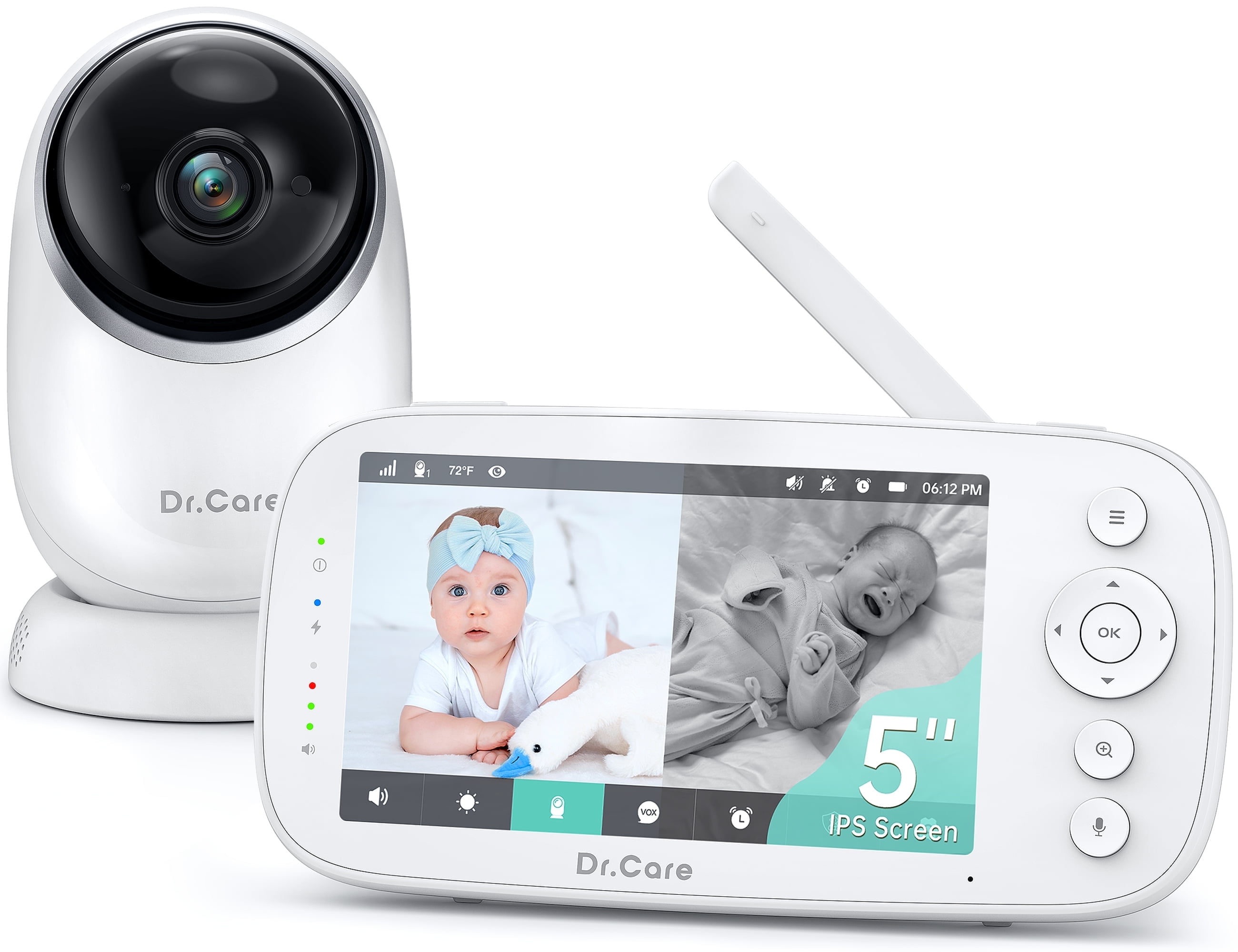 Dr.Care 5" 1080P Split-Screen Video Baby Monitor, Clear Night Vision, 5000mAh Battery, Real-Time/VOX, 2X/4X Zoom, 2-Way Audio, No WiFi Baby Camera