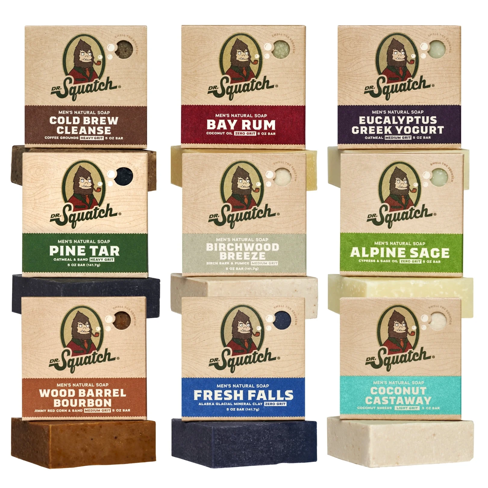 Dr. Squatch Bar Soap for Men - Cold Process, No Harsh Chemicals - Pine Tar, Wood Barrel Bourbon, Cold Brew Cleanse, Birchwood Breeze, Bay Rum, Coconut Castaway, Alpine Sage, Fresh Falls (5 oz, 9 Pack)