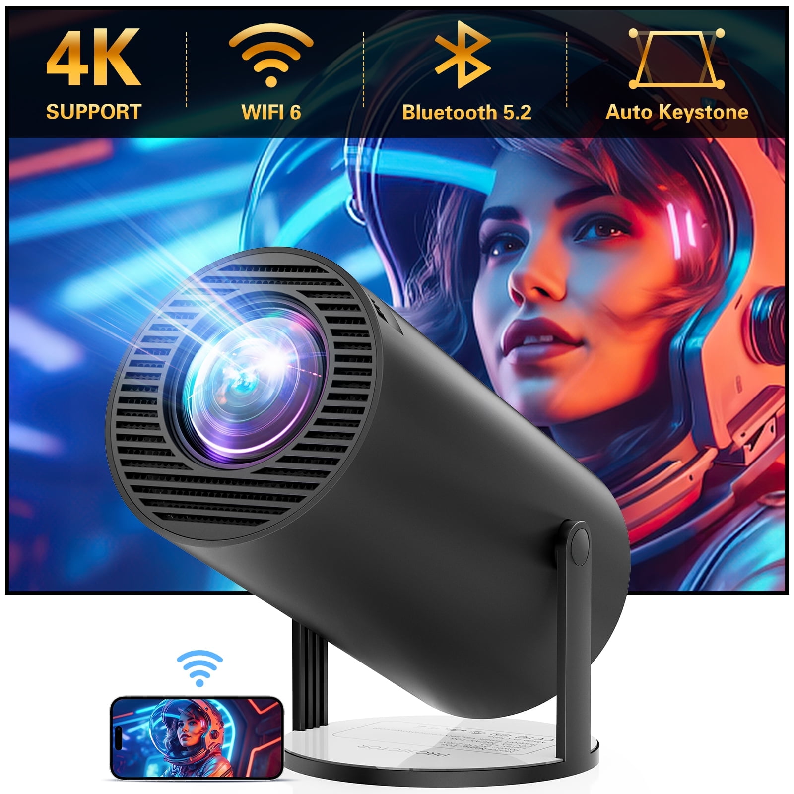 Dracolight 4K Mini Projector with WiFi and Bluetooth, 180° Rotation & Auto Keystone, Full HD 1080P Supported, Portable Outdoor Projector