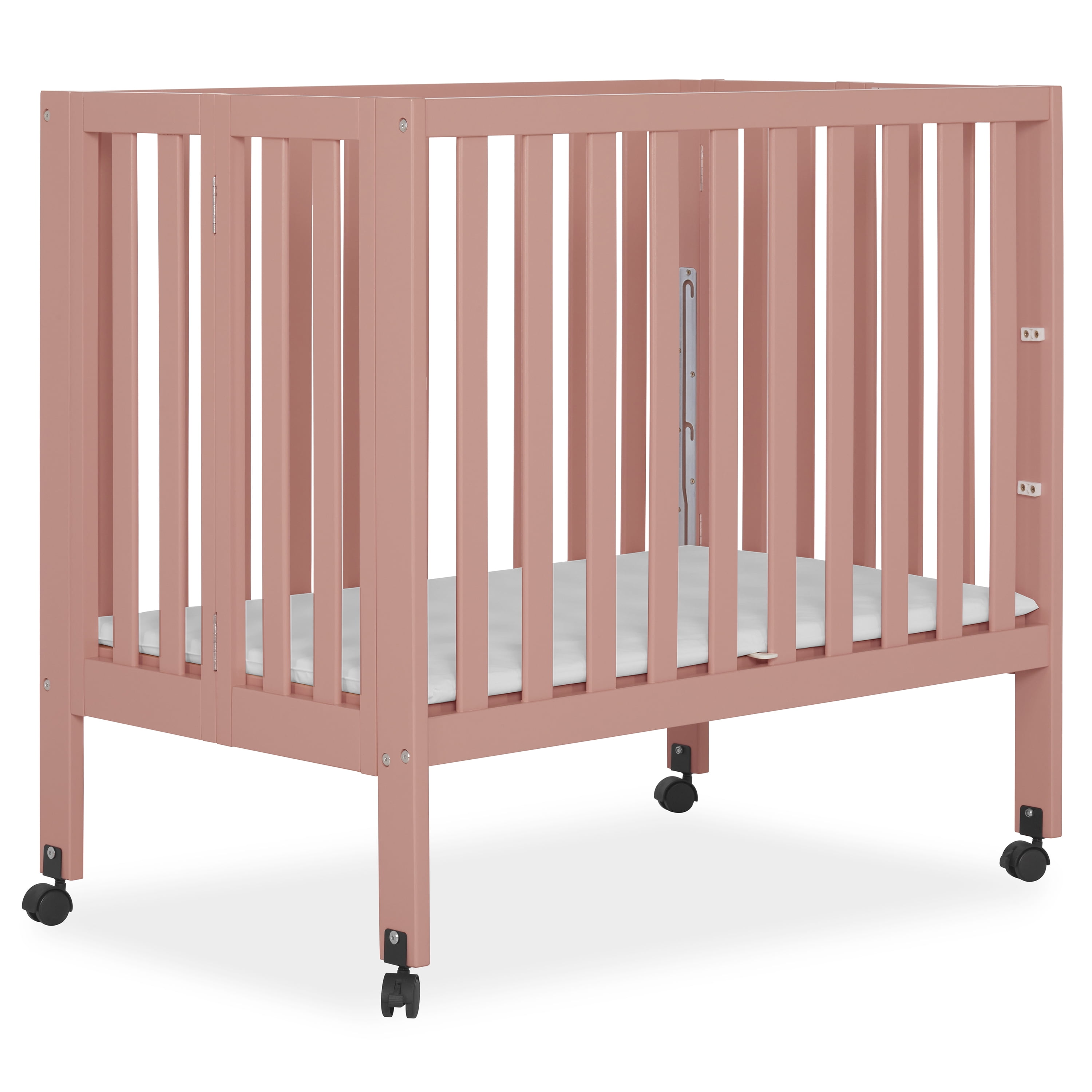 Dream On Me Jett Non-Full Size Folding Crib I Removable Wheels I Modern Nursey I Adjustable Mattress Support I Patent Folding System I Included 1.5” Mattress In Pink