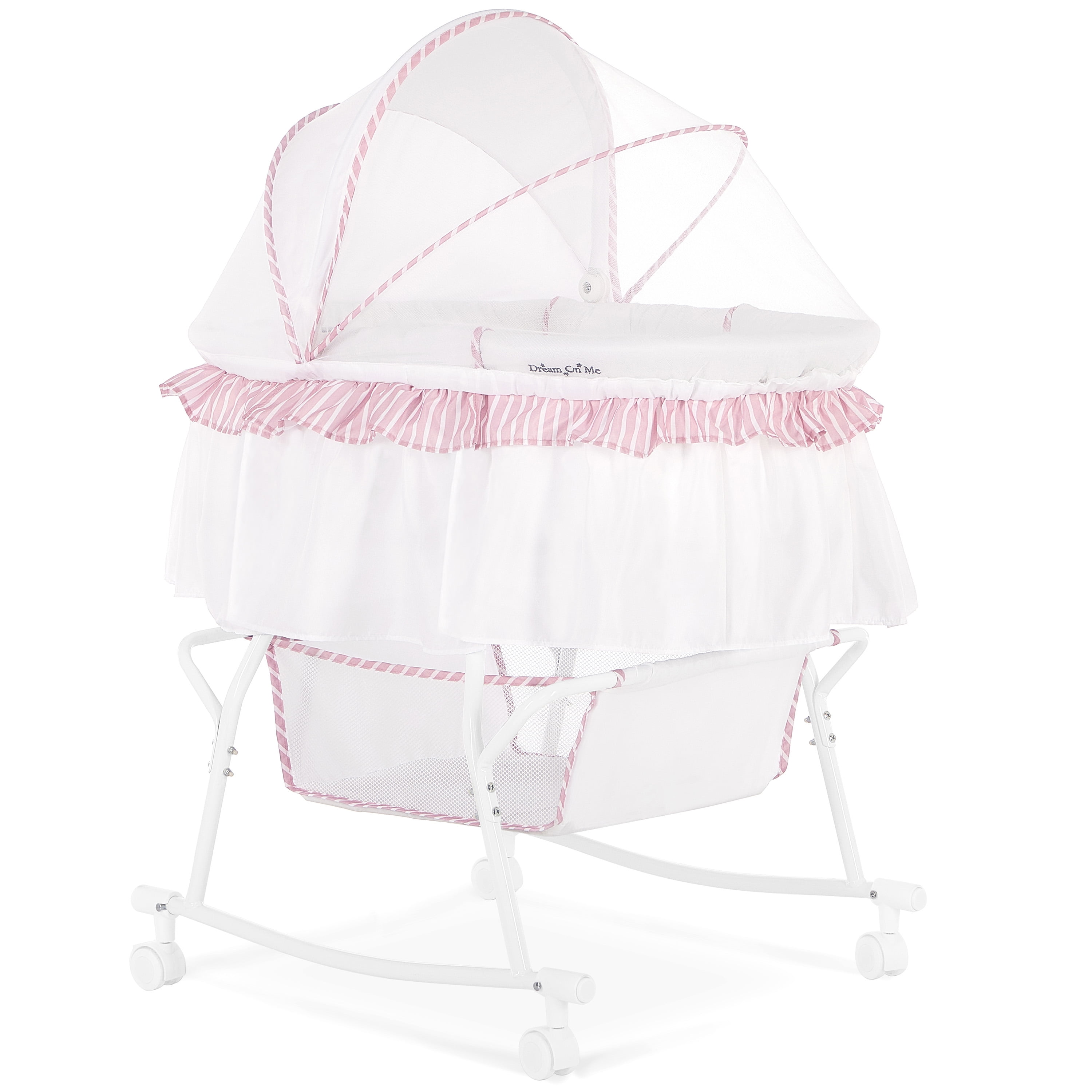 Dream On Me Lacy Portable 2-in-1 Bassinet & Cradle in Pink and White, Lightweight Baby Bassinet
