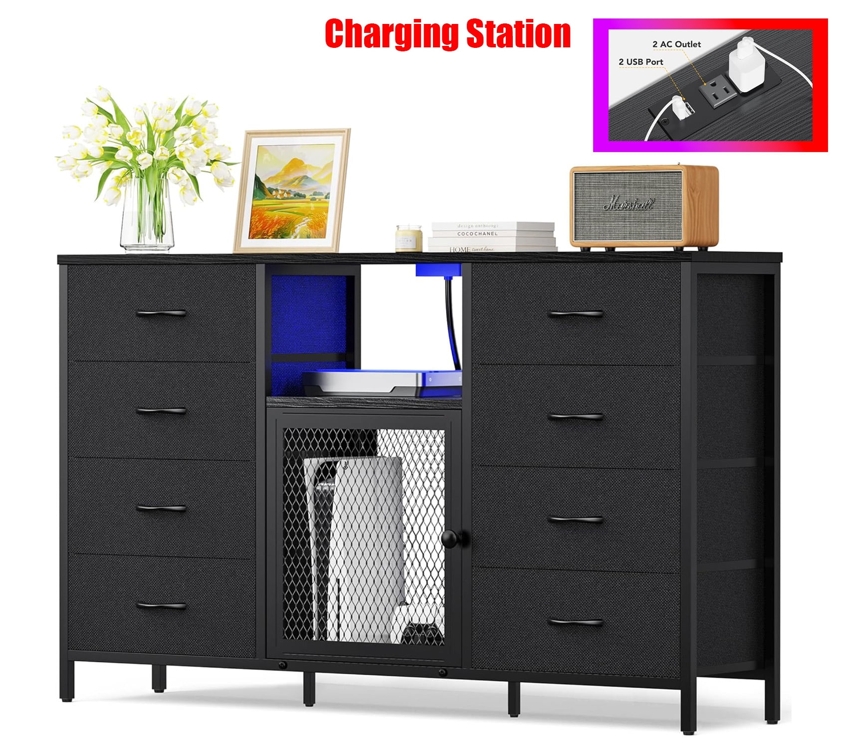 Bedroom Black Dresser with LED Lights and Power Outlets - 8 Drawers, TV Stand for up to 65 Inch TVs