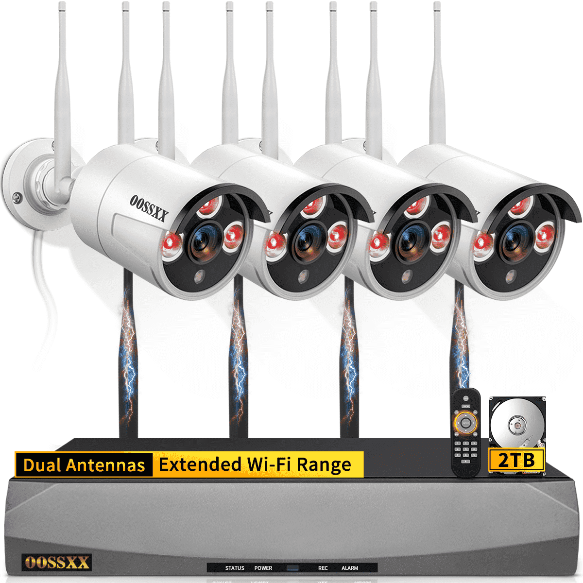 OOSSXX Dual Antennas Wireless Security Camera System, 4 Wireless Cameras for Outdoors with 2TB Hard Drive with AI Human Detected