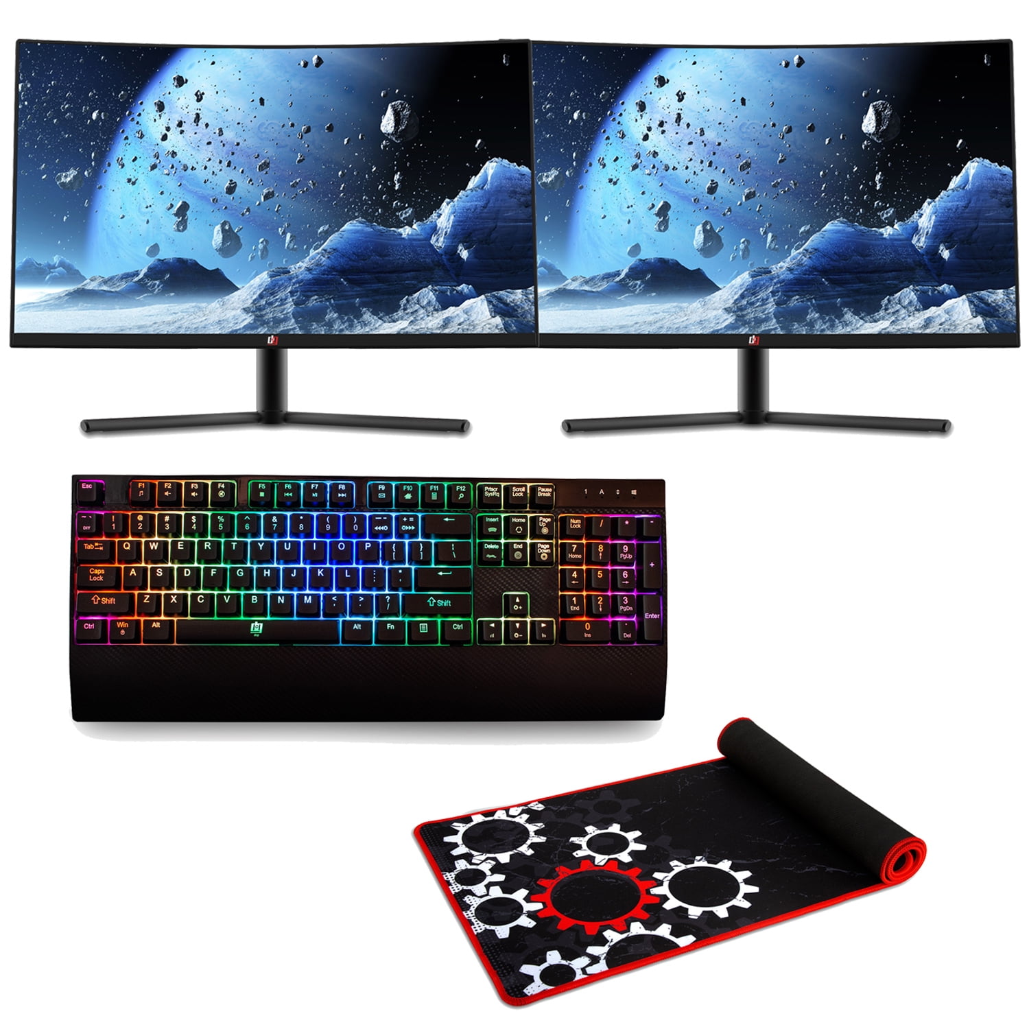 Dual Deco Gear 27" 2560x1440 Color Accurate VA Curved Monitor, 99% sRGB, 144Hz Refresh Rate and Bonus Deco Gear Mechanical Gaming Keyboard - Anti-Ghosting + Bonus Deco Gear Extended Gaming Mouse Pad