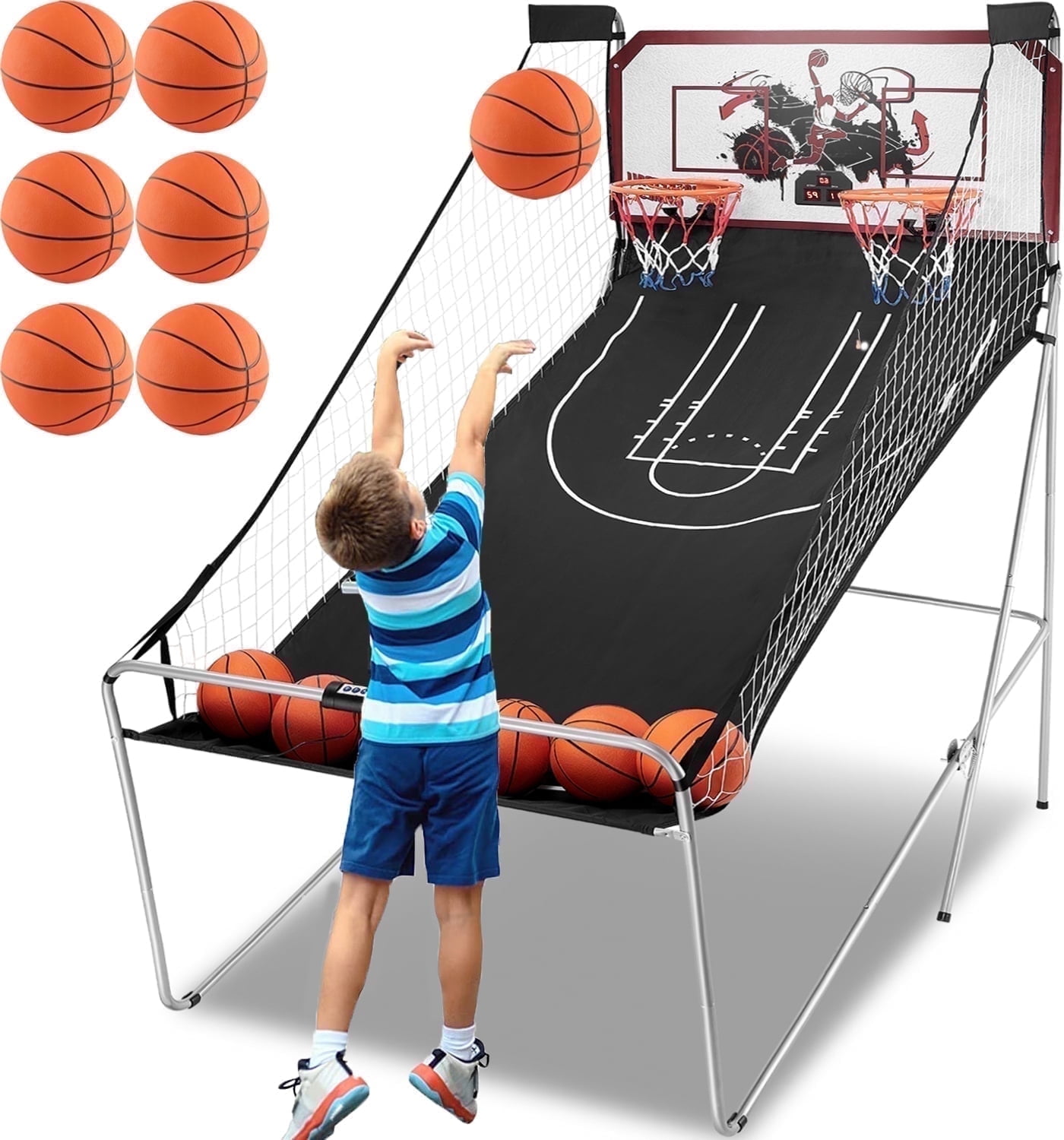 Dual Shot Basketball Arcade Game, Segmart 81"x44" Foldable Indoor Electronic Arcade Basketball Game with 6 Balls, 8 Modes, LED Scoreboard, Air Pump, Battery Powered for Adults, Black