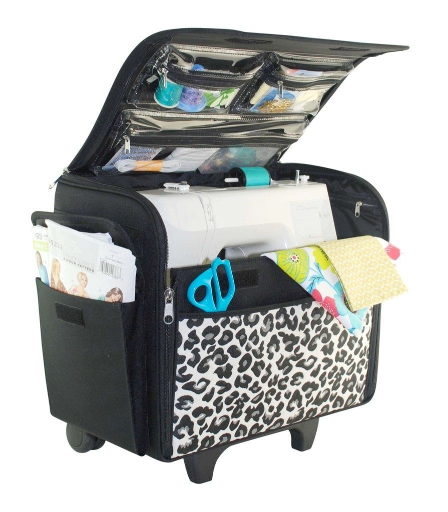 Everything Mary Collapsible Rolling Sewing Machine Tote, Cheetah Print - Sewing Machine Case Fits Most Standard Brother & Singer Sewing Machines, Sewing Bag with Wheels & Handle