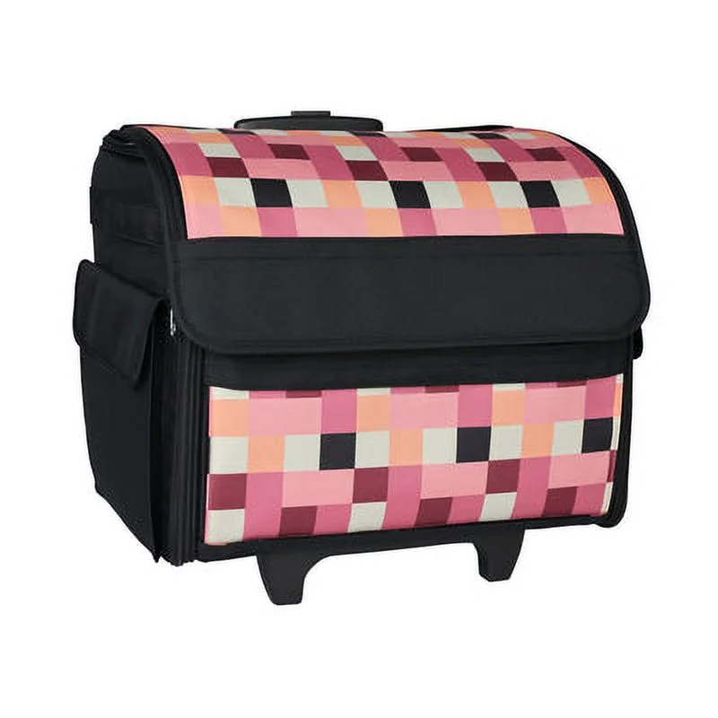 Everything Mary Sewing Tote: Polyester, Universal Fit, Portable Dual Wheels - Checkered Pink Print