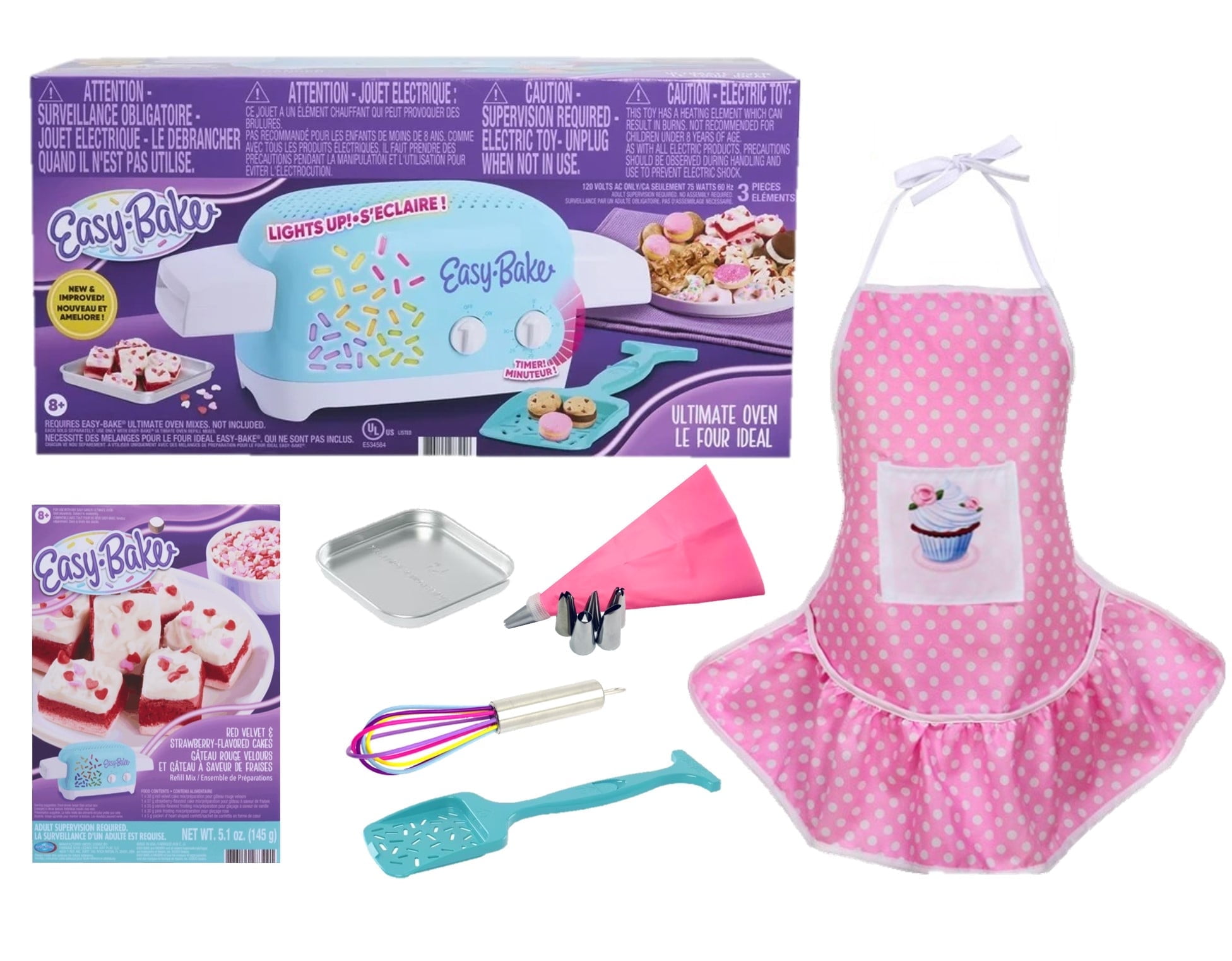 Easy Bake Oven Gift Set with Baking Tools, Cupcakes Refill Mix, Pink Apron plus more