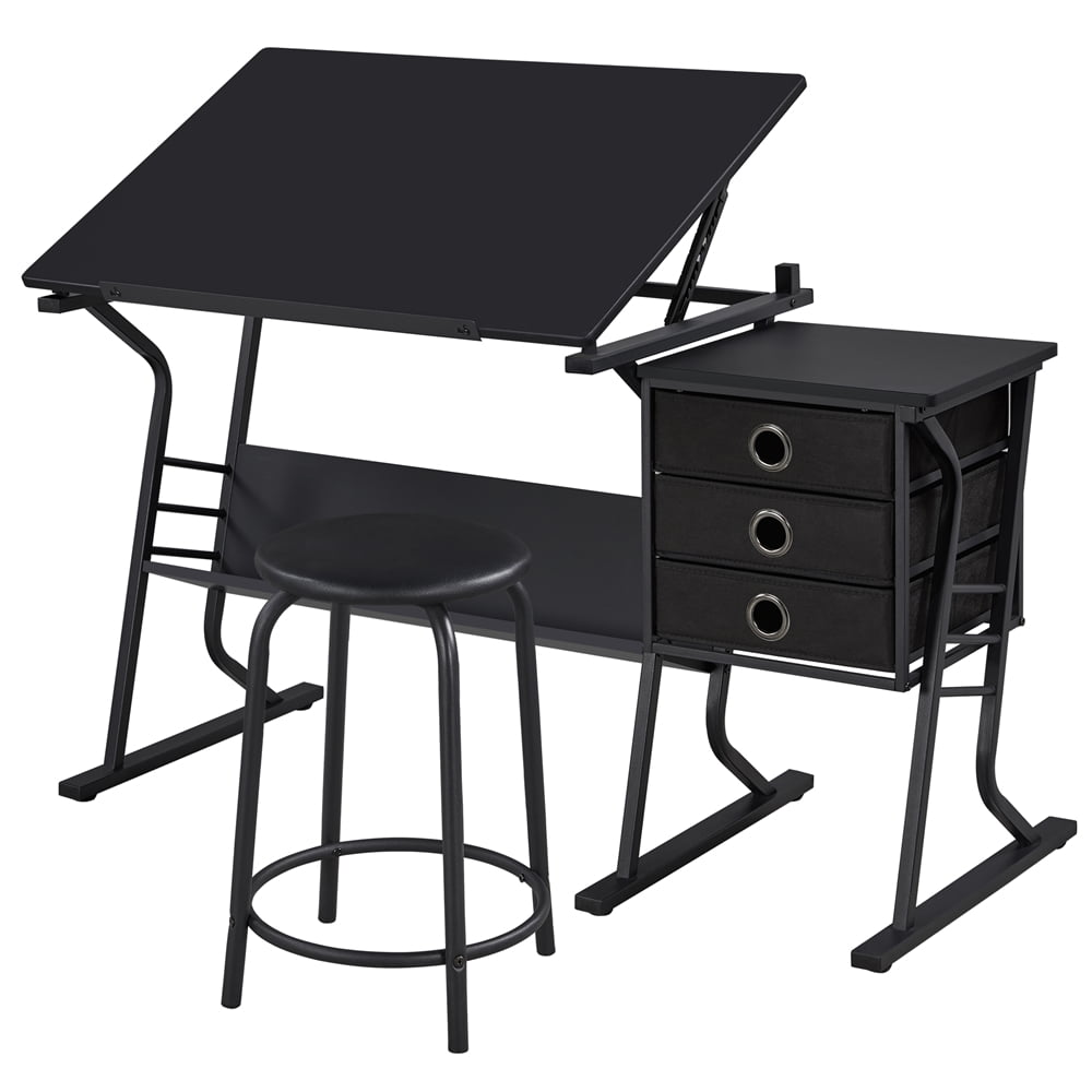 Renwick Adjustable Drafting Table with Storage Drawers and Stool, Black
