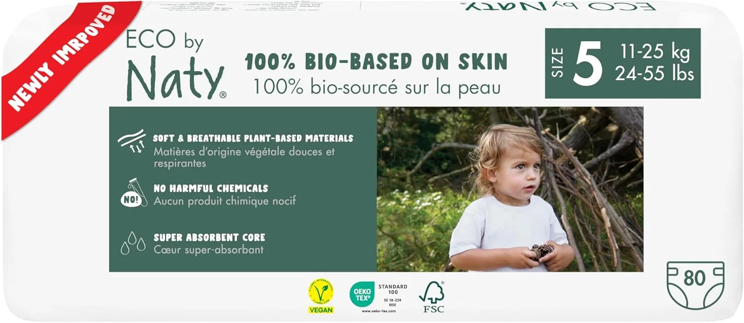 Eco by Naty Fully Compostable Baby Diapers, Size 5, 80 Count
