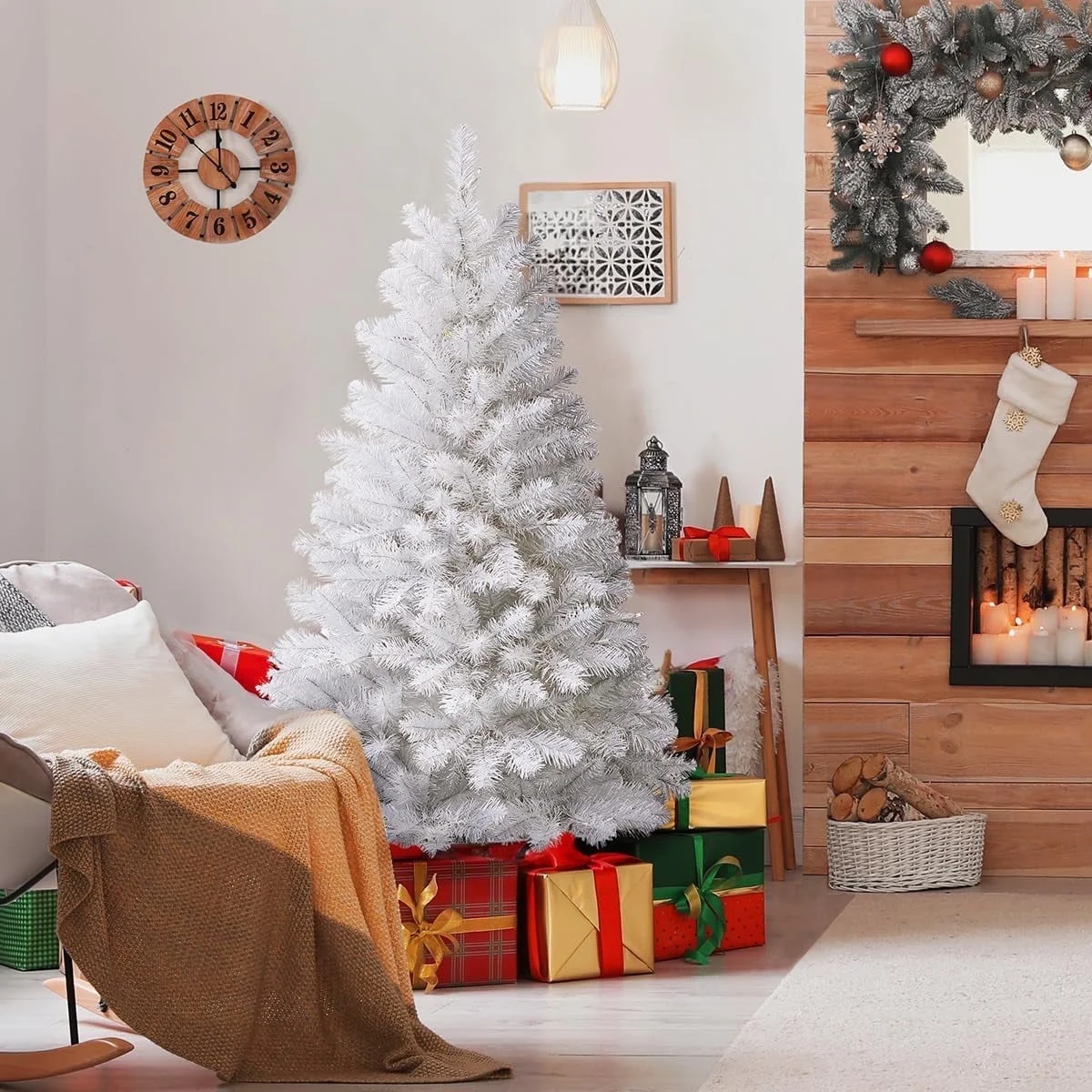 Jostyle 4.5FT Pre-lit White Christmas Tree with 150 Warm White Lights & 330 Branch Tips Artificial Xmas Trees