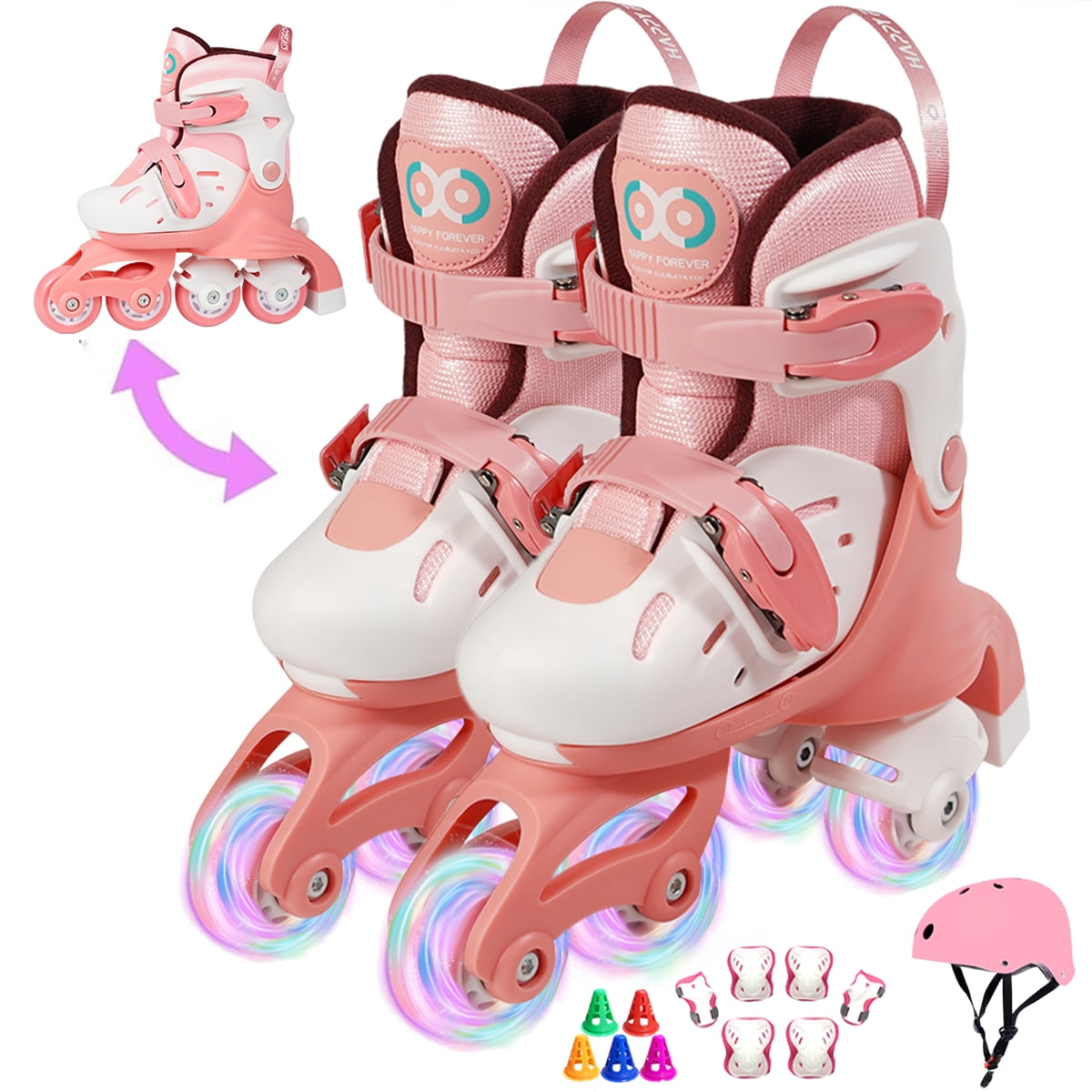 EONROACOO 2-in-1 Toddler Kids Roller Skates for Girls Boys, Adjustable Sizes, Light up(M,Pink)