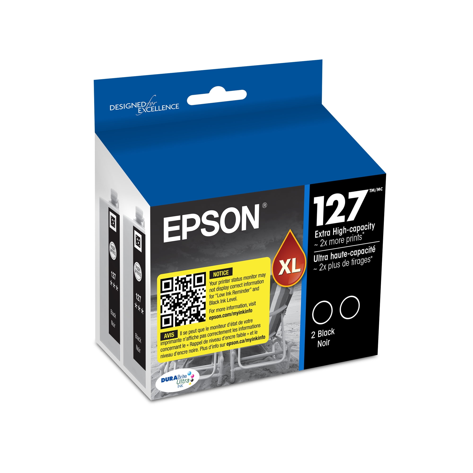 EPSON 127 DURABrite Ultra Ink Black Dual Cartridge Pack For NX-530, NX-625, WF-3520, WF-3530, WF-3540, WF-545, WF-60, WF-630, WF-633, WF-635, WF-645, WF-7010, WF-7510, WF-7520, WF-840, WF-845
