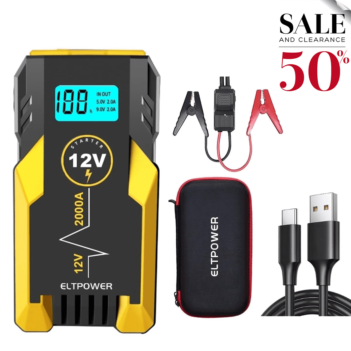 Cheelom 2000A Car Battery Jump Starter, Portable Car Jump Starter with Dual USB Quick Charge and DC Output, 12V Jump Pack with Built-in LED Bright Light, Yellow