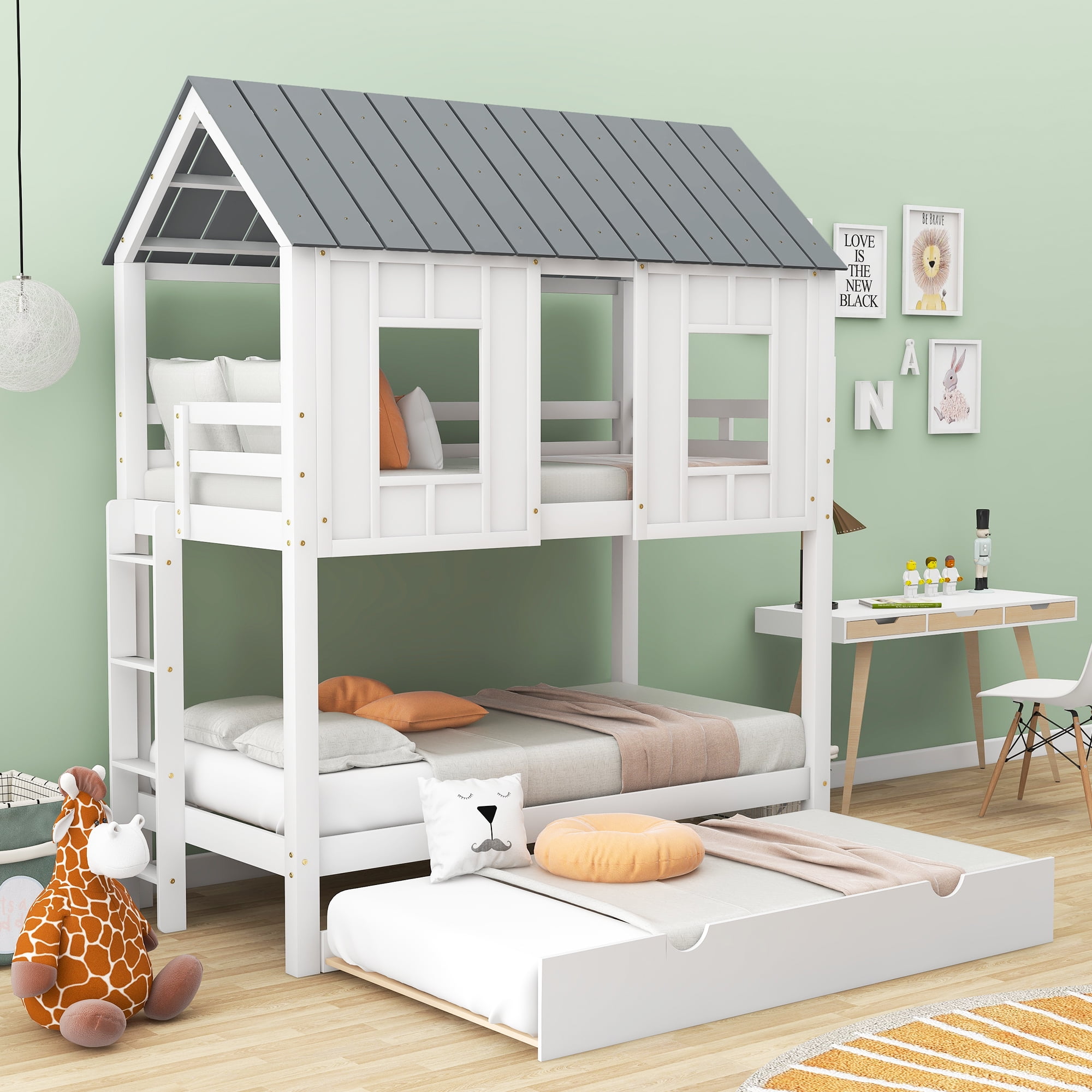 EUROCO Twin Size House Bunk Bed with Roof and Trundle for Kids Teens Bedroom, White