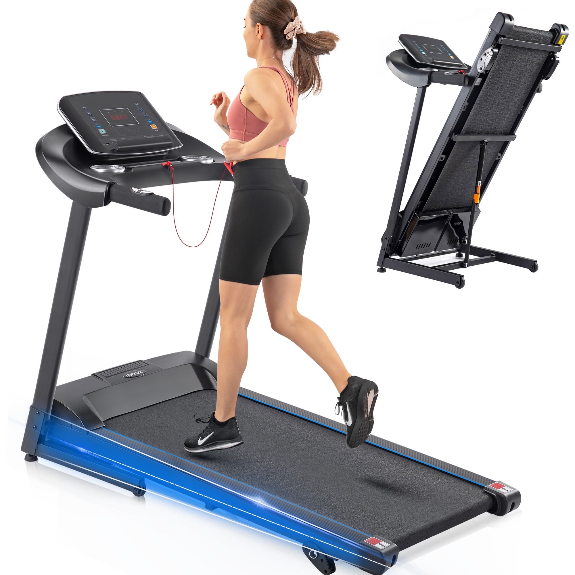 EUROCO 500LBS 3.5HP Folding Treadmill with 10mph Speed,57" Longer Portable Running Walking Compact Exercise Machine with 12 Preset Program, 3-Level Incline , Device Holder and Pulse Sensor for Home