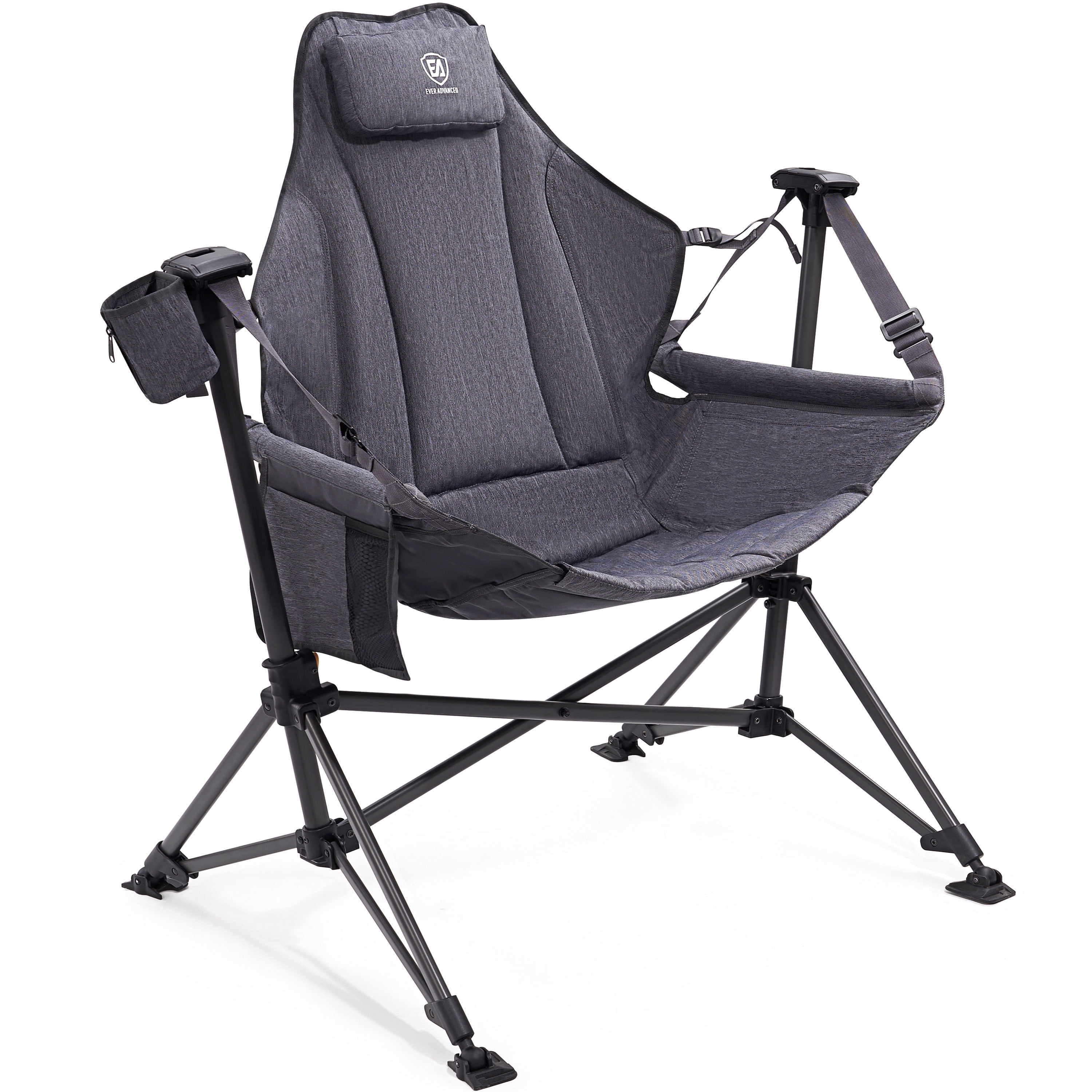 EVER ADVANCED Padded Camping Hammock Chair for Outdoor with Adjustable Back and Seat, Folding Swing Chair with Steel Stand, Cup Holder, Side Pocket, New, Grey