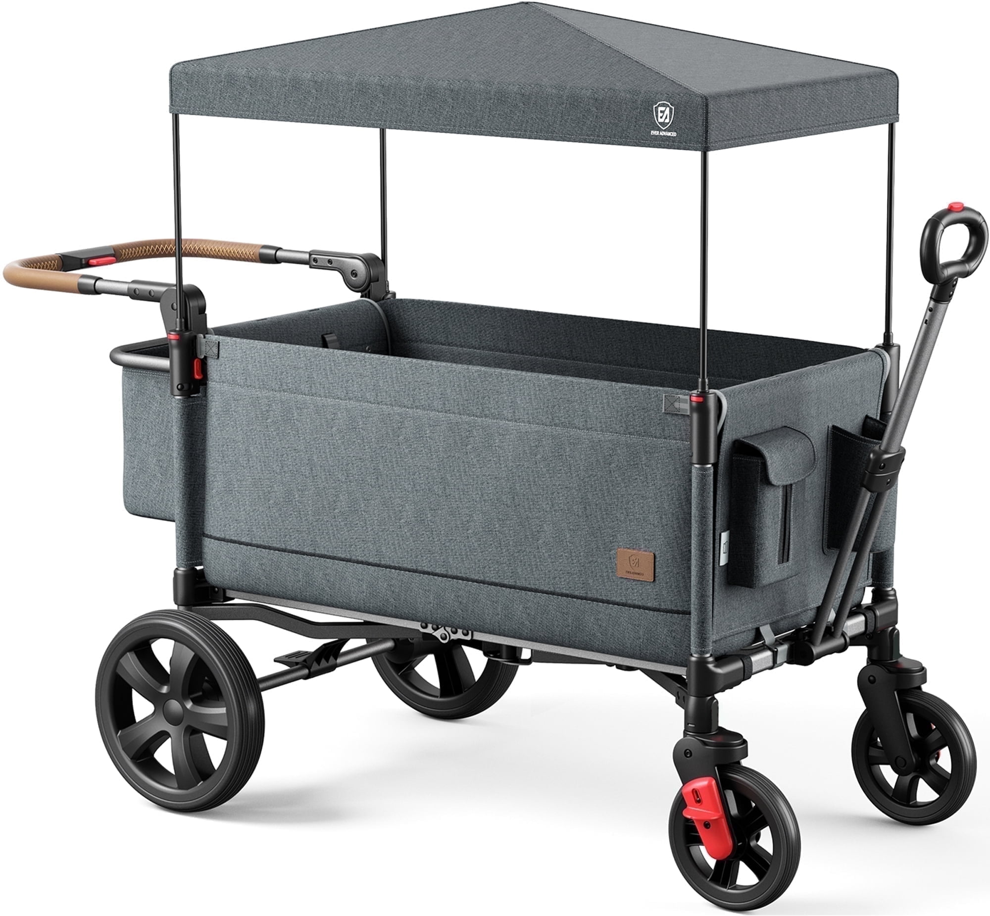 EVER ADVANCED Side-Unzip Folding Wagon Stroller for 2 Kids with Canopy, Push and Pull Baby Wagon for Toddler with 5-Point Harness and Allterrain Wheels, Grey