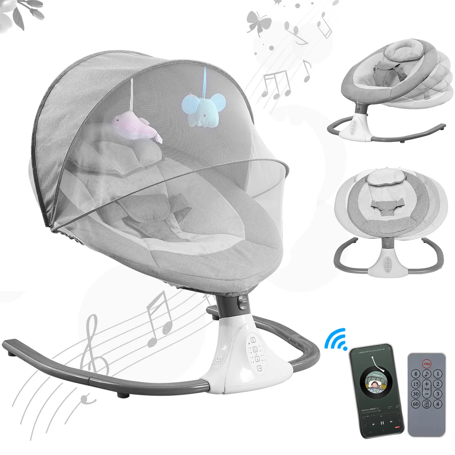 Electric Baby Swing For Infants, Baby Swing Rocker Bouncer With 4 Rocking Speed, 3 Seat Positions Adjustment, Remote Control Baby Swing Rocker For Infants To Toddler 0-18 Months(Gray)