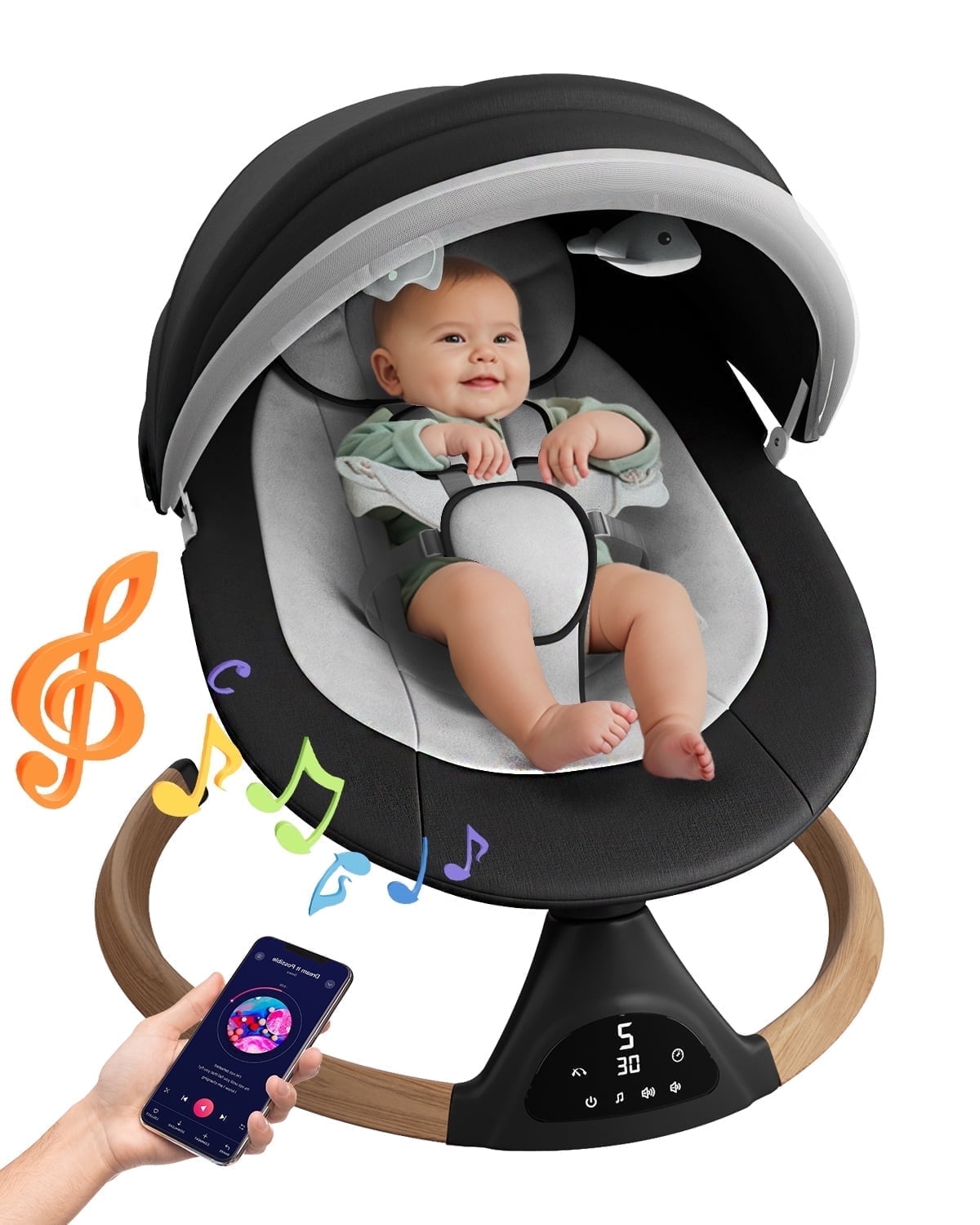 Babyomi Baby Swing for Infant, Electric Bluetooth Swing Rocker with 5 Sway Speeds& 10 nursery rhyme , Black
