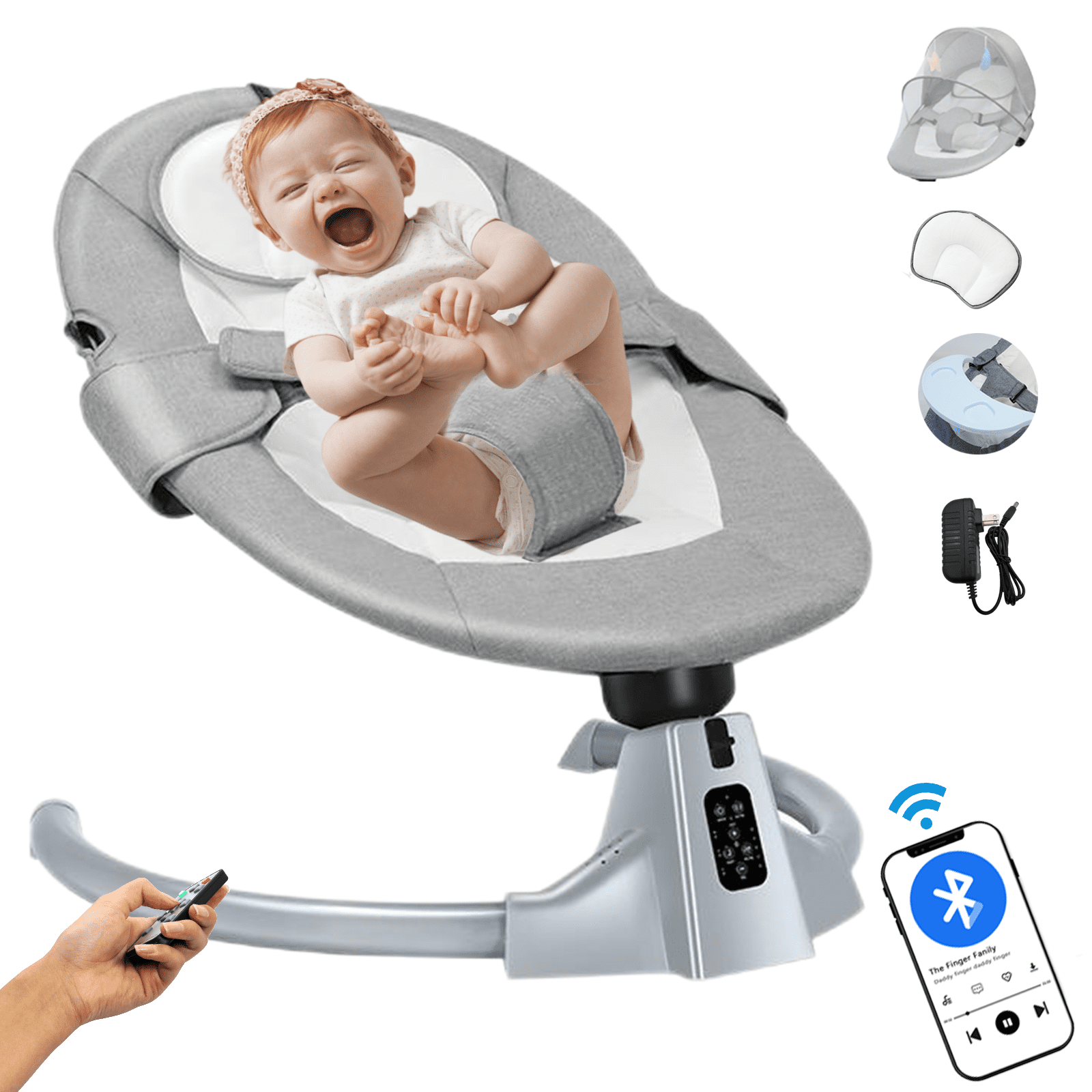 Electric Baby Swing for Infants, Baby Rocker for Infants with 5 Speeds, Adapter & Battery Operated, Indoor & Outdoor Use, Bouncer with Mat & Pillow, Remote Control, Gray