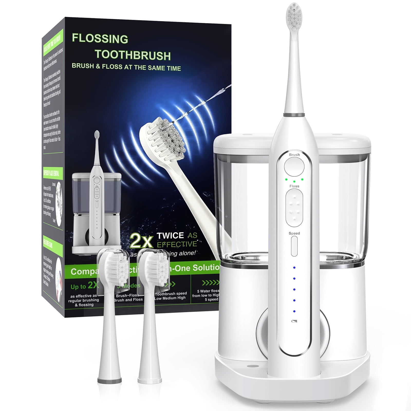 Electric Toothbrush with Water Flosser Combo - Professional USB Rechargeable Flossing Toothbrush - 3 Modes & 5 Pulse & 500ml/16.9oz Capacity - Brush and Floss at The Same time