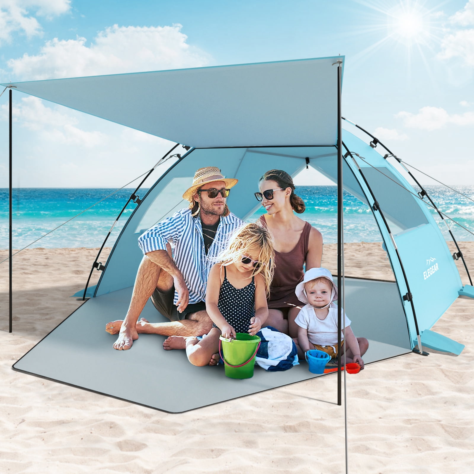Elegear Beach Tent, Spacious 4-5 Person Sun Shelter with Canopy, 360° Air Circulation UPF 50+ UV Protection Waterproof Portable Lightweight Tent for All Occasions, Skyblue