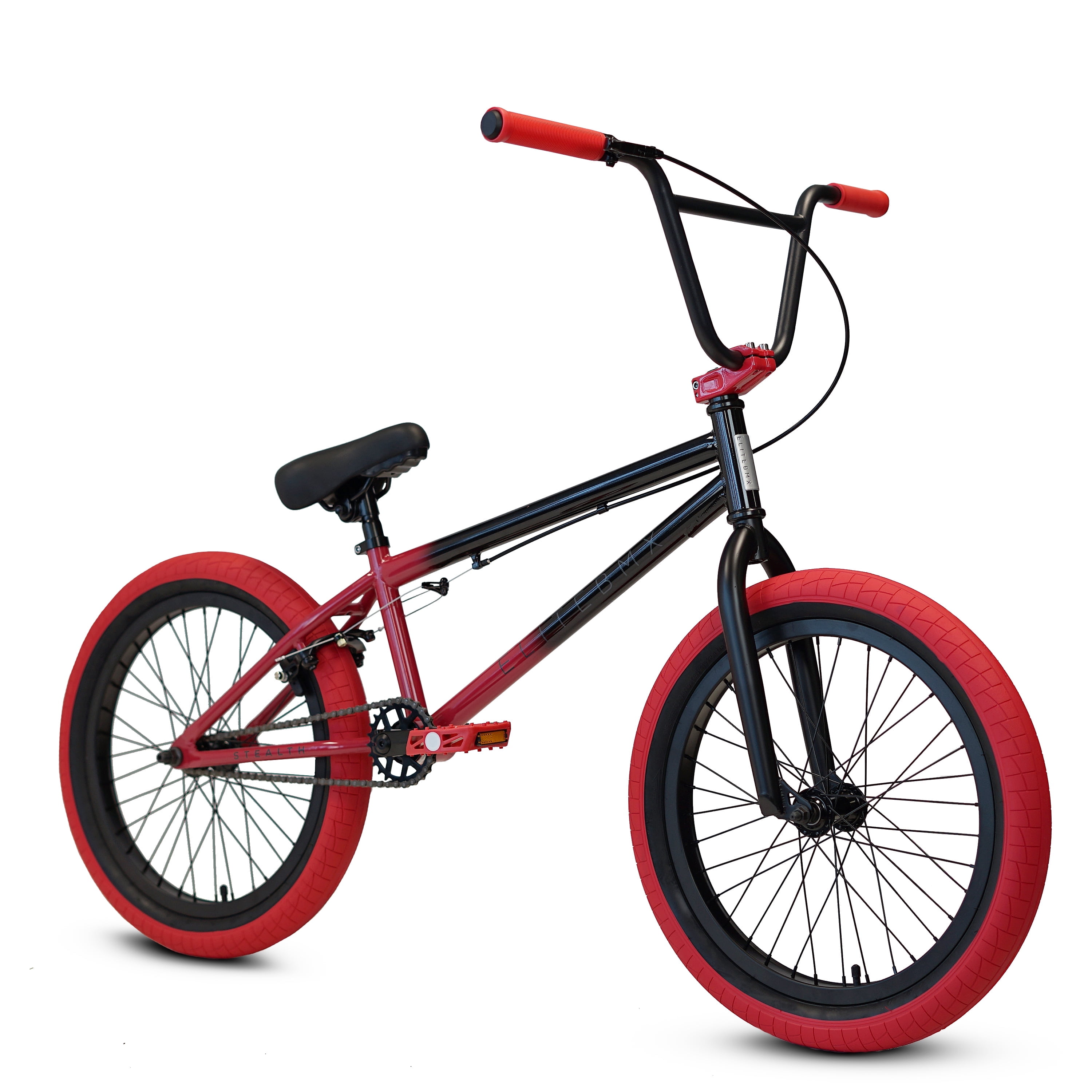 Elite BMX Bicycle 20” Freestyle Bike - Stealth Black Red Ideal for Ages 7 to 18 Years